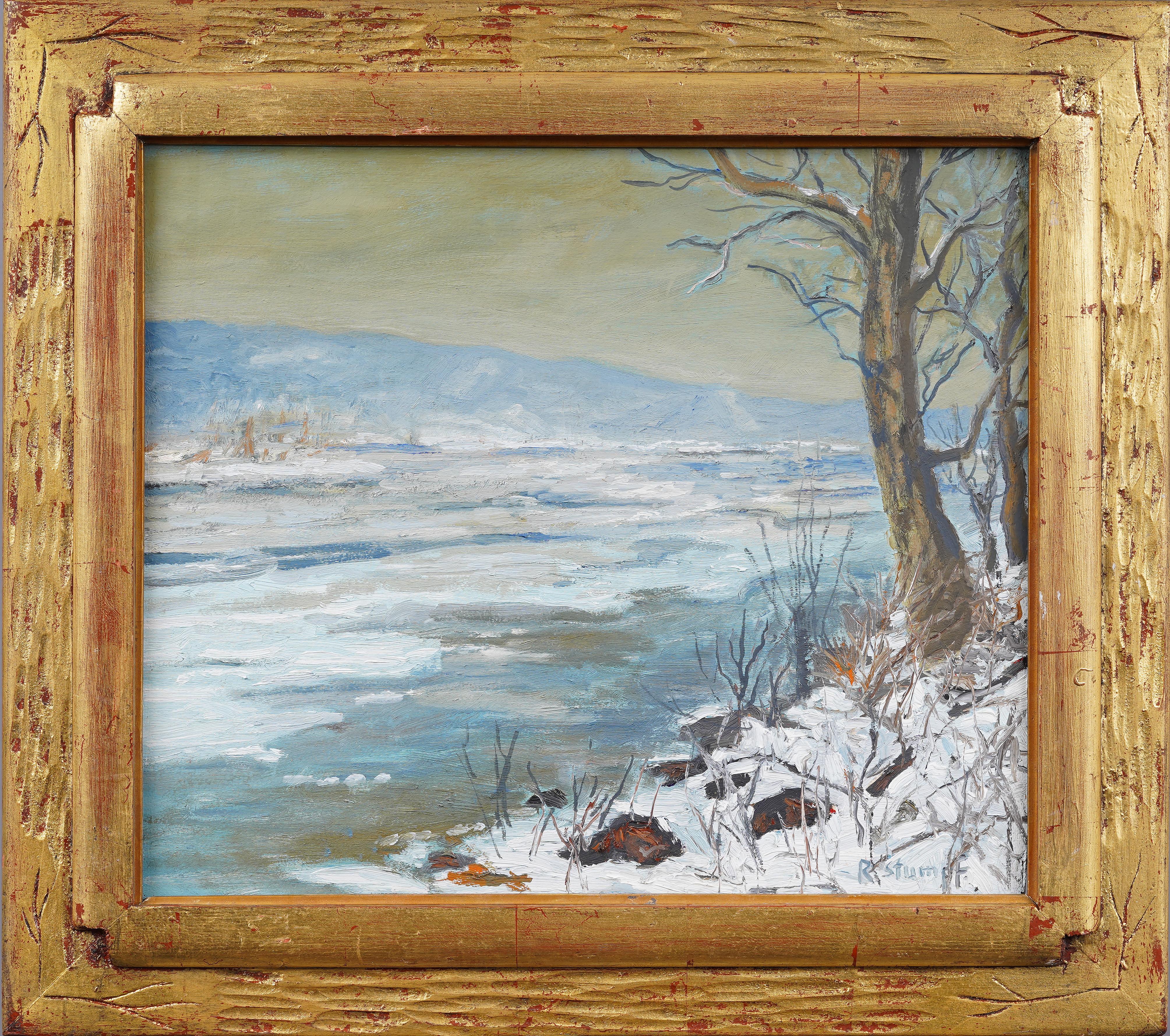 Antiguo cuadro al óleo impresionista americano Vista invernal del río Delaware enmarcado - Painting de Rudolf Stumpf 