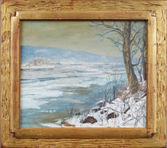 Antiguo cuadro al óleo impresionista americano Vista invernal del río Delaware enmarcado