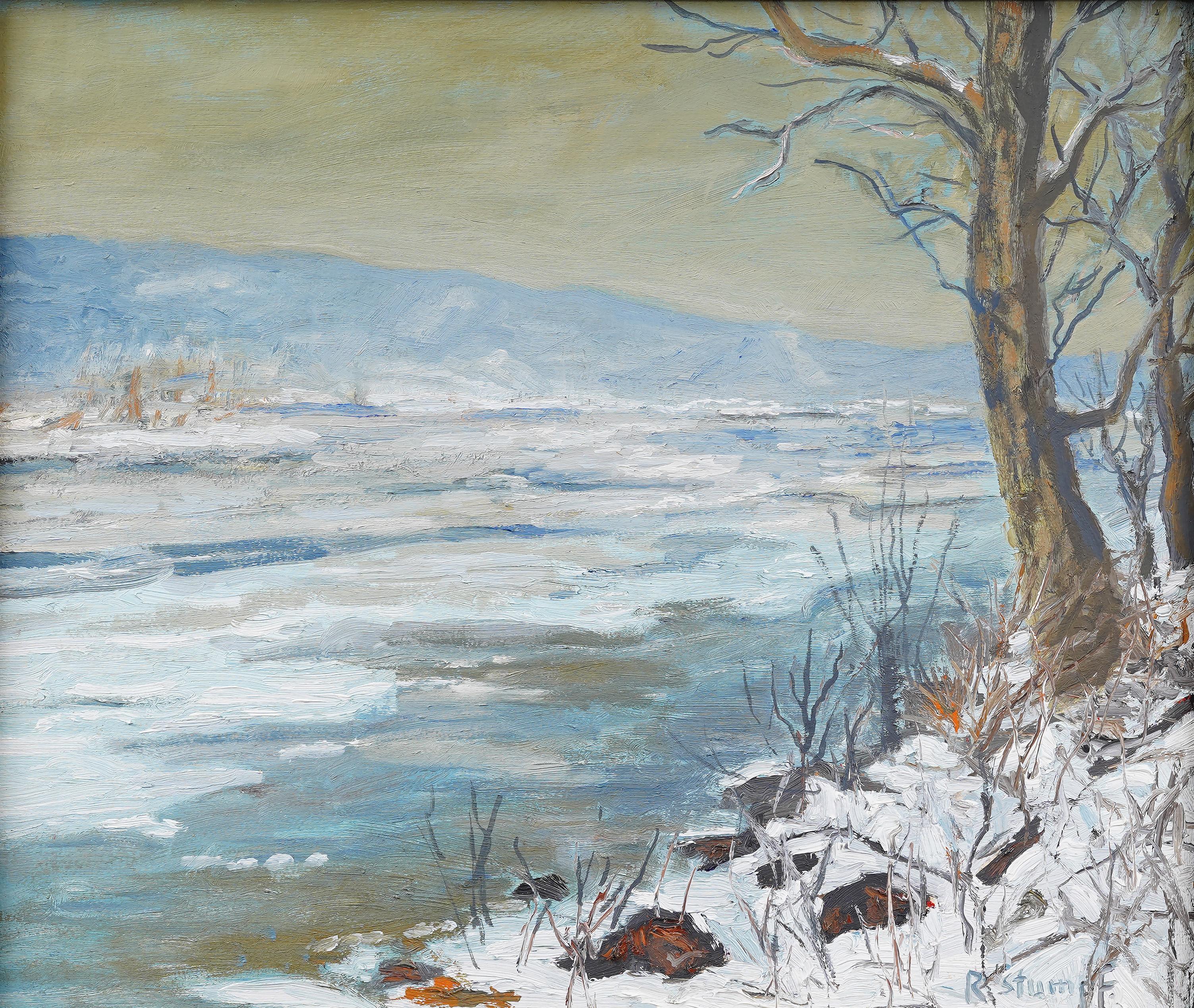 Antiguo cuadro al óleo impresionista americano Vista invernal del río Delaware enmarcado - Painting Impresionista de Rudolf Stumpf 