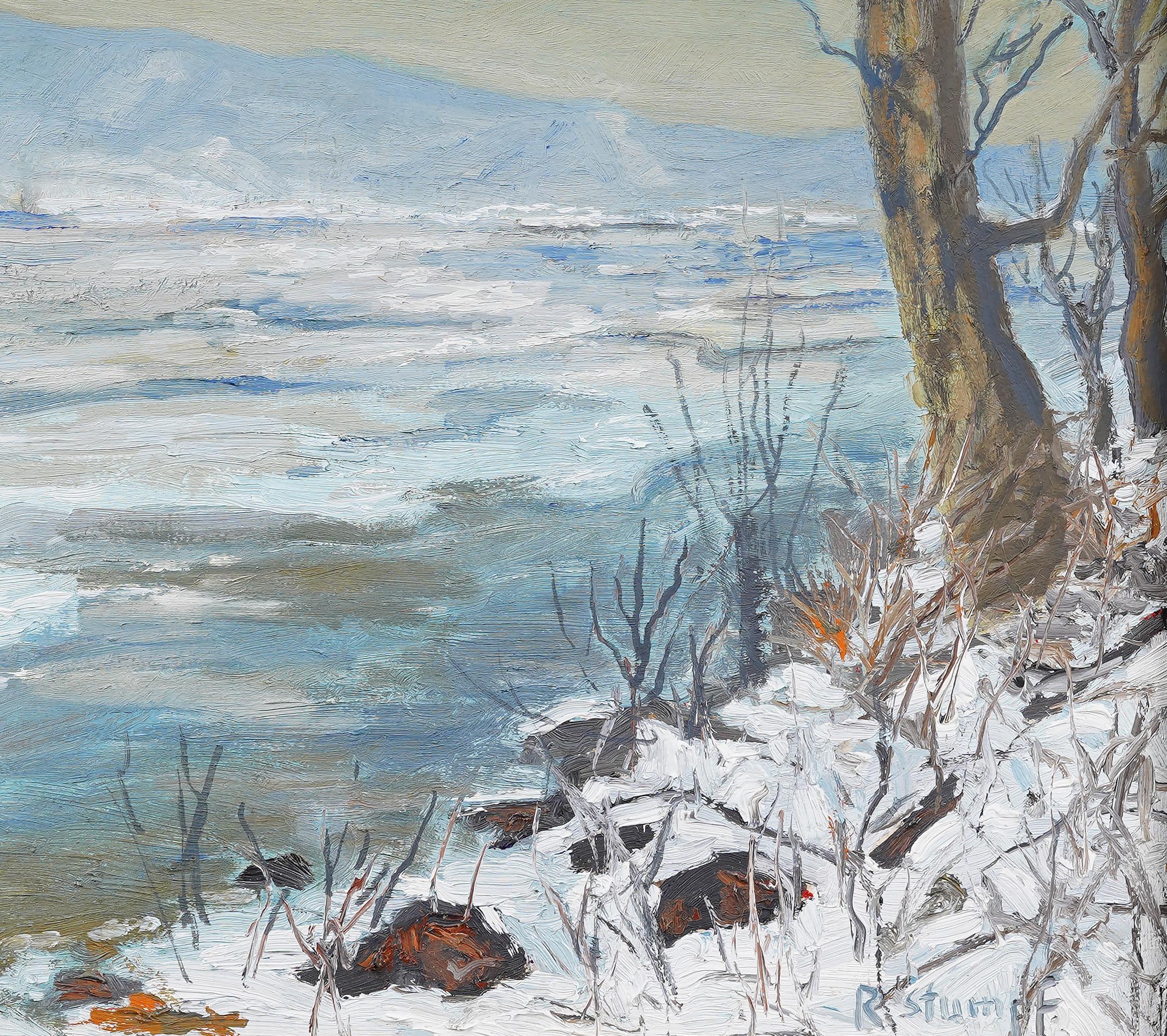 Pintura al óleo de paisaje invernal impresionista estadounidense.  Enmarcado.  Óleo sobre tabla.  Firmado.  Tamaño de la imagen, 15H por 18L.