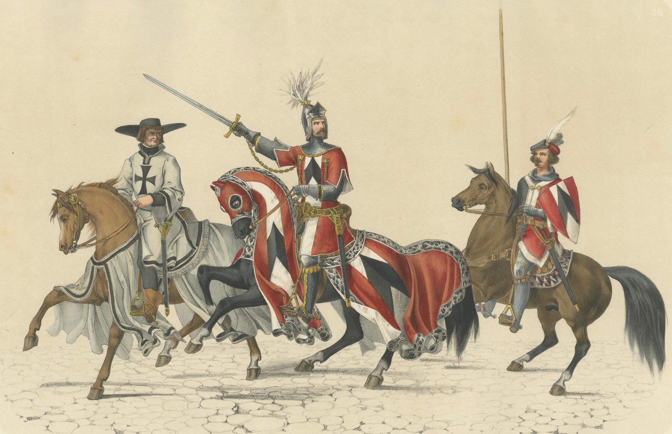 Rudolf von Erlach führt die Schweizer im grossen Festumzug an  

Diese auffällige handkolorierte Lithografie ist Teil des Festalbums zum Eintritt Berns in die Eidgenossenschaft am 6. März 1353, einem opulenten Gedenkwerk, das 1855 in Bern und Zürich
