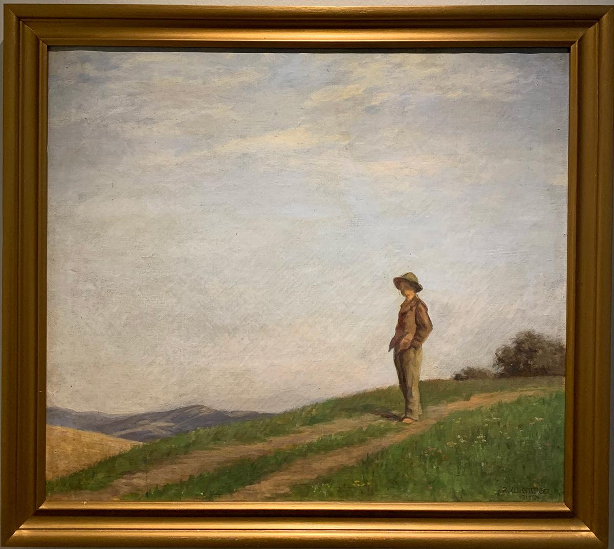 This 27.5" x 30.88" oil on canvas framed painting is by German artist, Rudolf Wimmer, painted in 1912. This painting exemplifies early 20th-century realism, portraying a solitary figure in rural attire—a brown jacket and trousers, and wide-brimmed