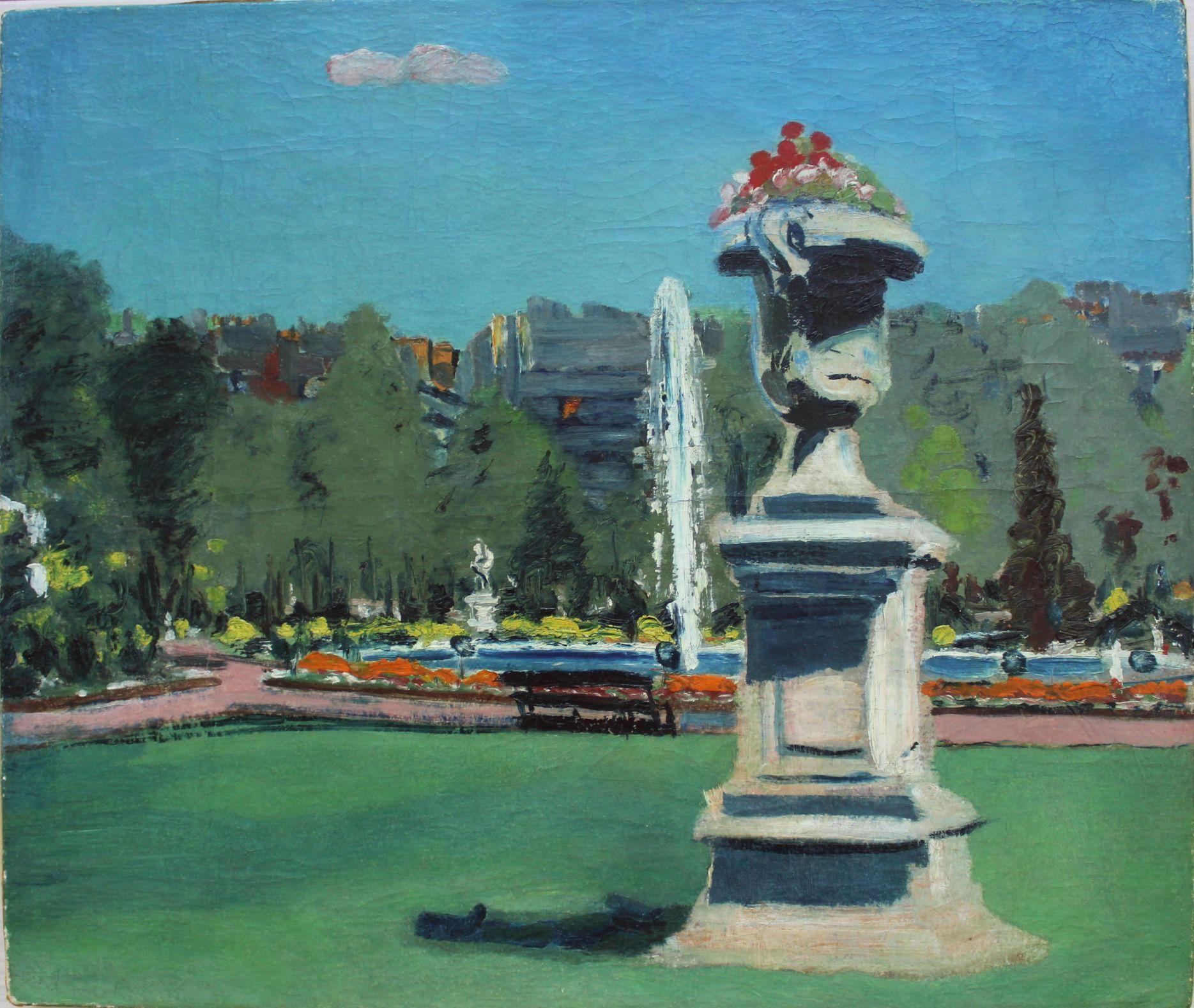 Giardino del Lussemburgo, 47x54 cm, olio/cartone, 1939 - Painting Realismo di Rudolfs Pinnis