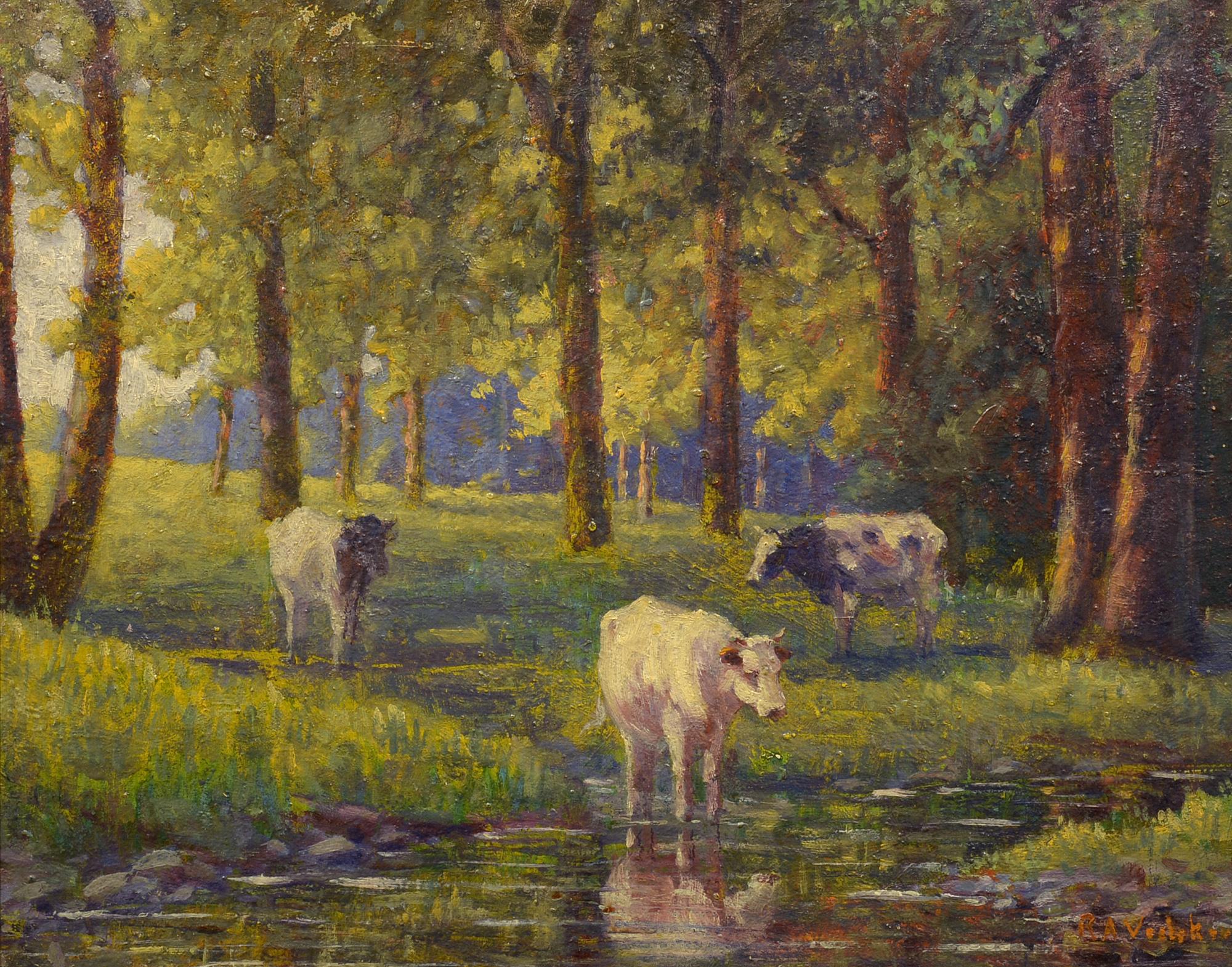 Animal Painting di Rudolph A. Voelcker - Luce e ombre del sole, Impressionista americano, Bestiame, Mucche, Paesaggio, Pastorale