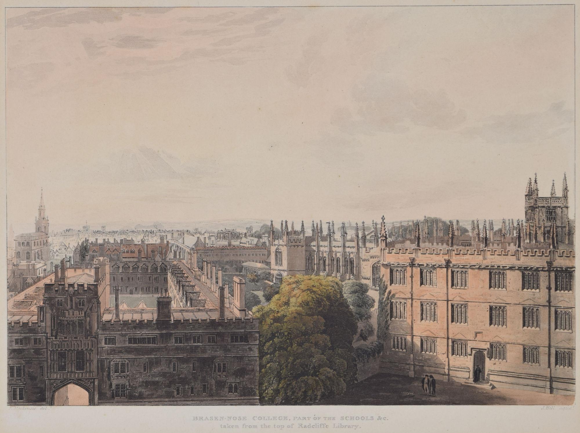 Brasenose College, Oxford engraving by Hill after Mackenzie for Ackermann - Print by Rudolph Ackermann