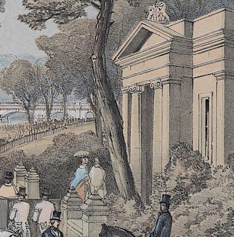 Crystal Palace - View from The North Bank of the Serpentine - Gray Landscape Print by Rudolph Ackermann
