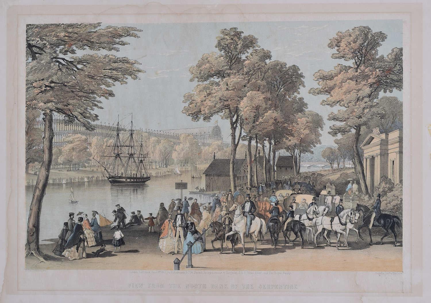 Rudolph Ackermann Landscape Print - Crystal Palace - View from The North Bank of the Serpentine