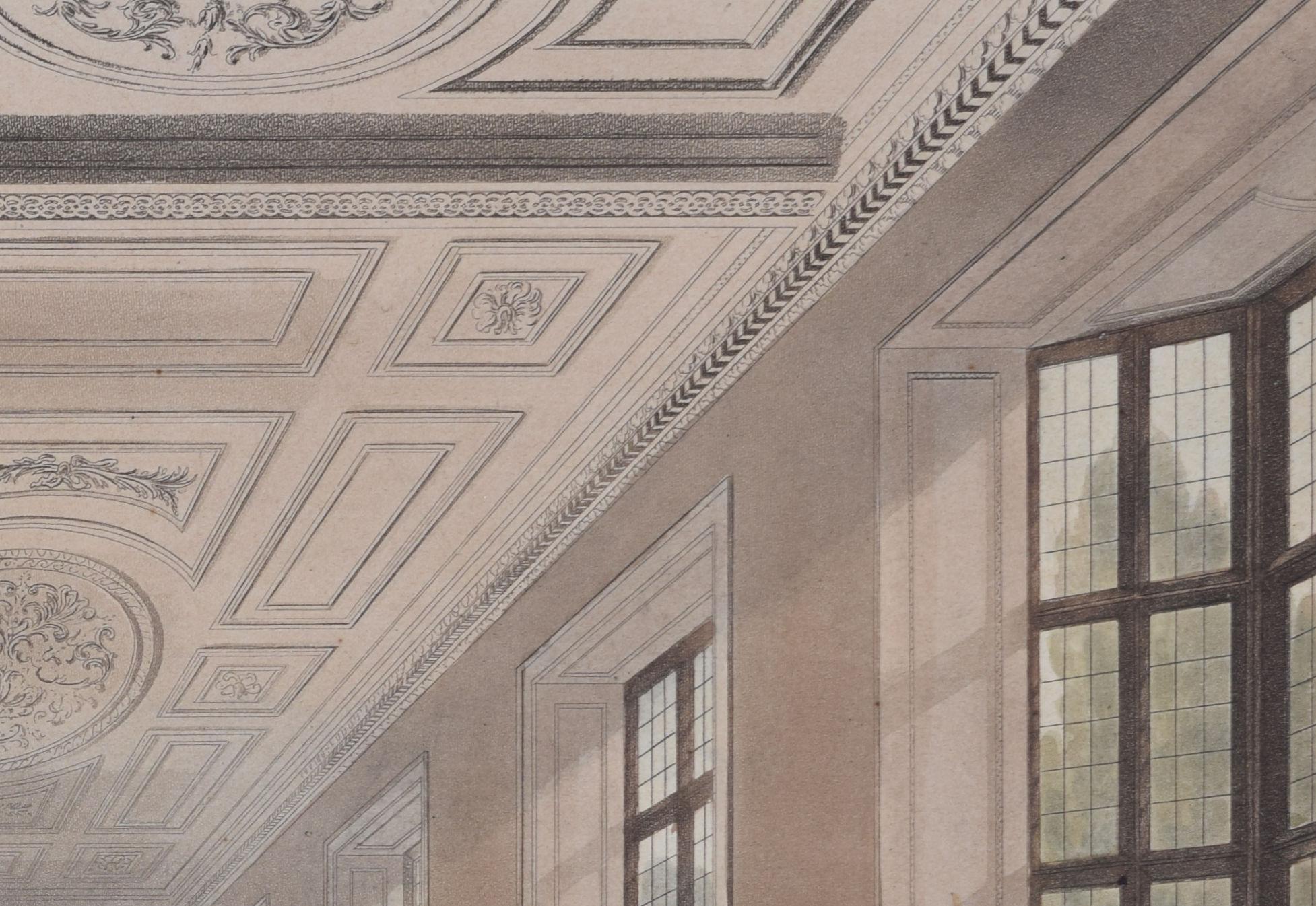 Gravure du collège Emmanuel, Cambridge d'après Bluck et Pugin pour Ackermann - Marron Interior Print par Rudolph Ackermann