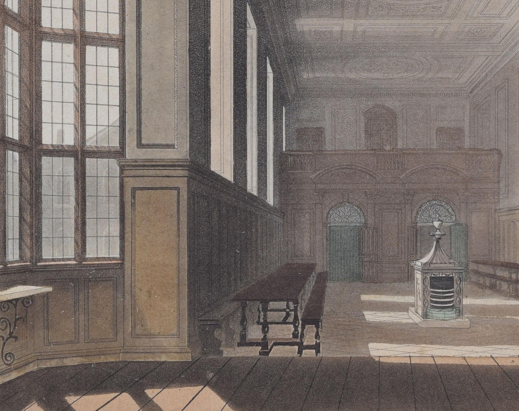 Gravure du collège Emmanuel, Cambridge d'après Bluck et Pugin pour Ackermann en vente 1