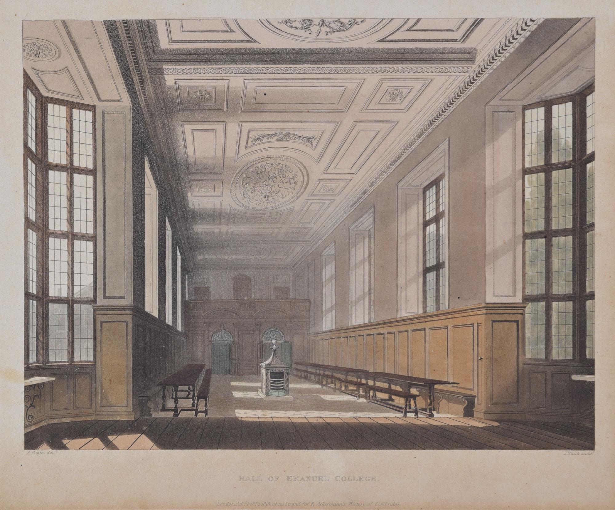 Interior Print Rudolph Ackermann - Gravure du collège Emmanuel, Cambridge d'après Bluck et Pugin pour Ackermann