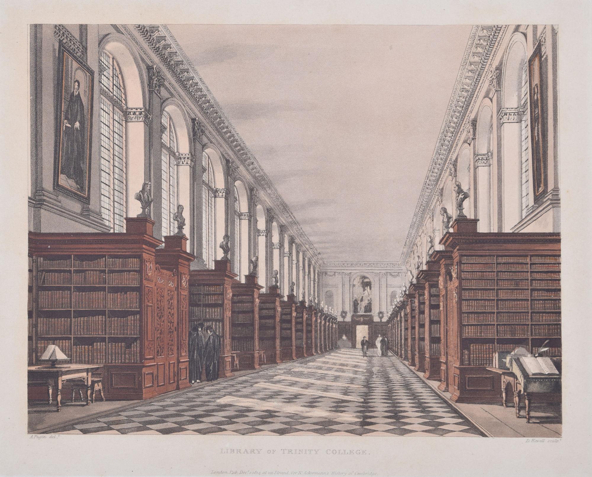 Interior Print Rudolph Ackermann - Bibliothèque du Trinity College, Cambridge gravure de Havell d'après Pugin