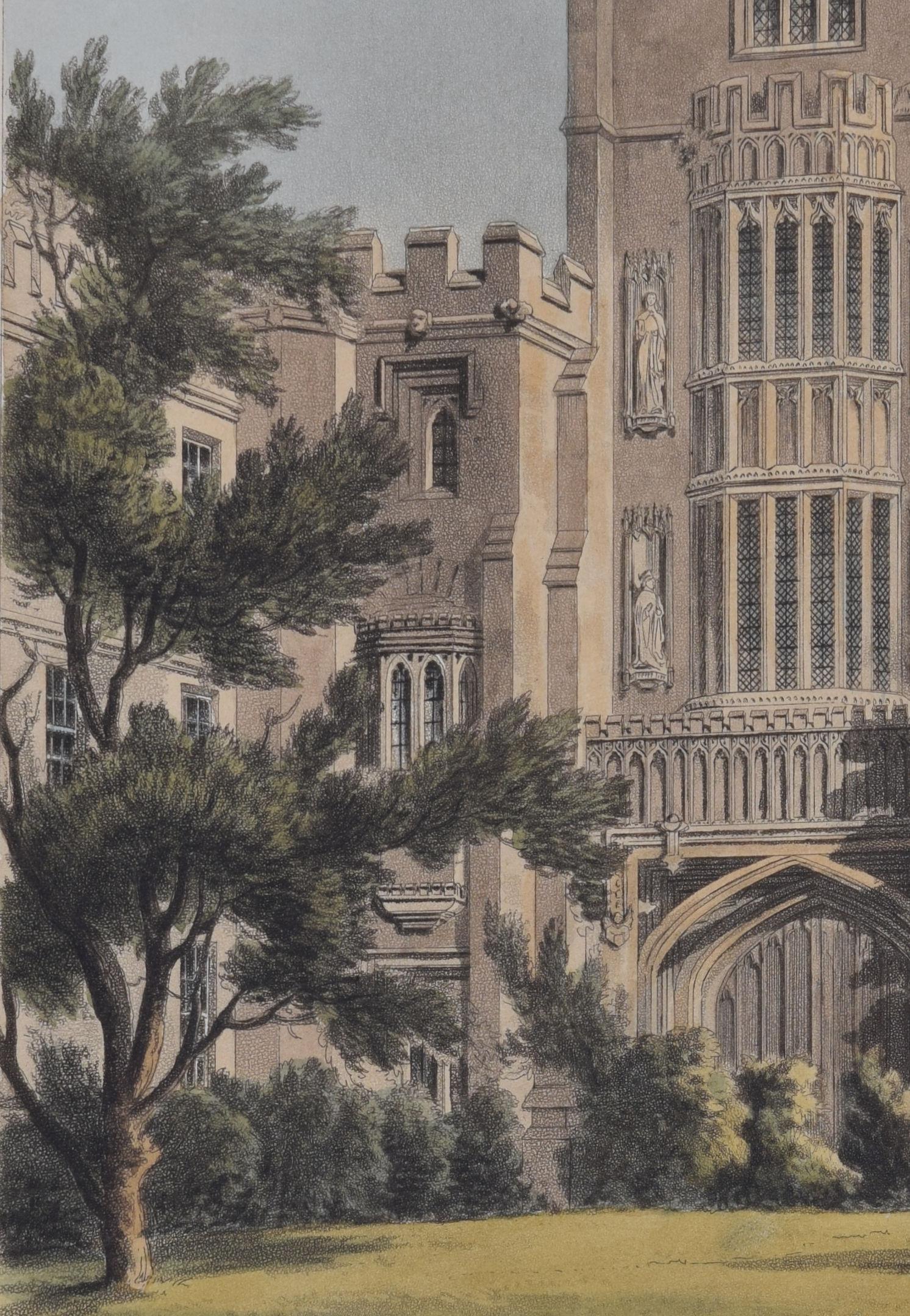 Gravure du Magdalen College d'Oxford Old Gate de Bluck d'après Pugin pour Ackermann en vente 1