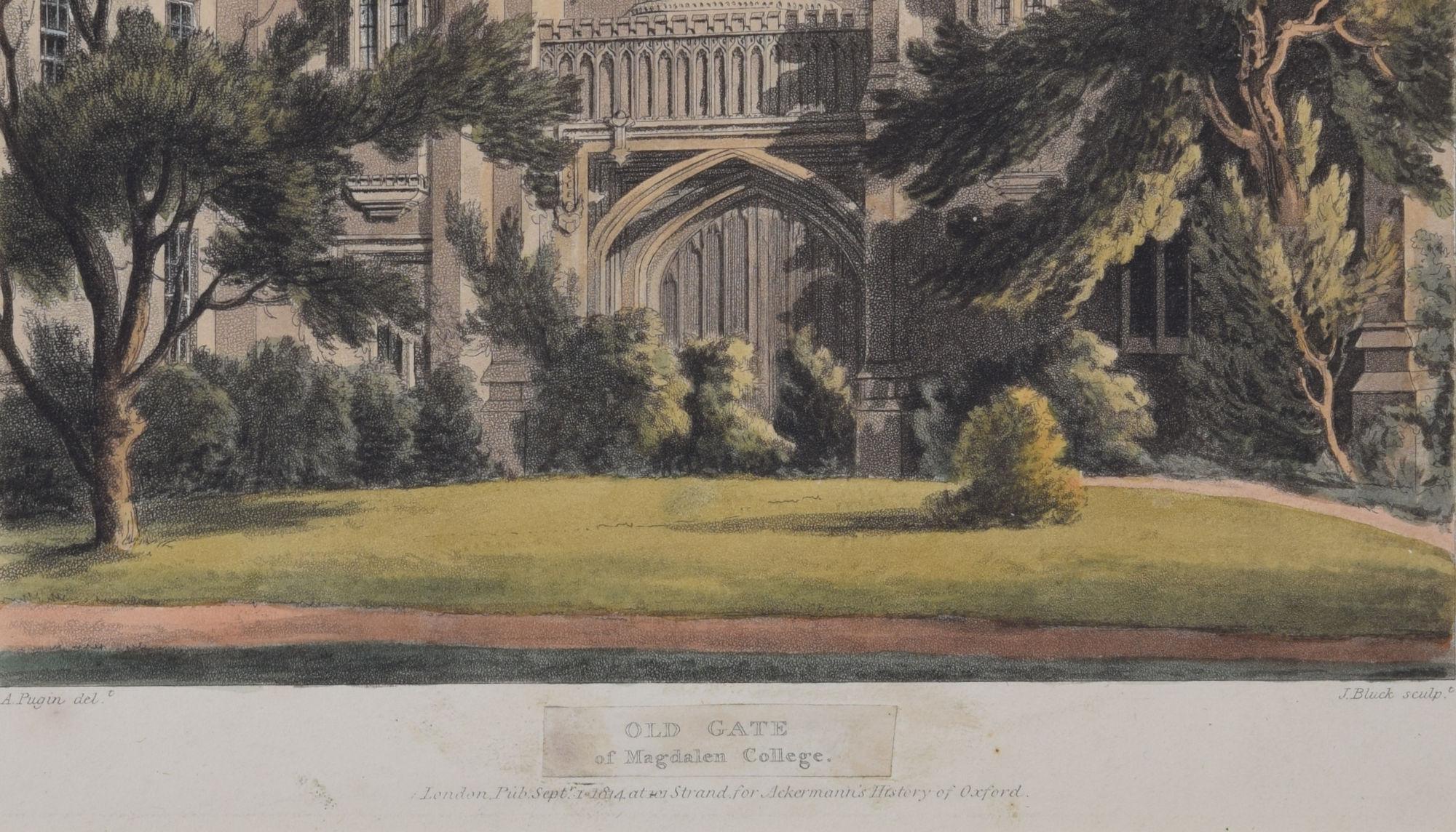 Gravure du Magdalen College d'Oxford Old Gate de Bluck d'après Pugin pour Ackermann en vente 3