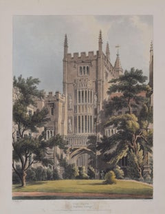 Antique Magdalen College, Oxford Old Gate engraving by Bluck after Pugin for Ackermann