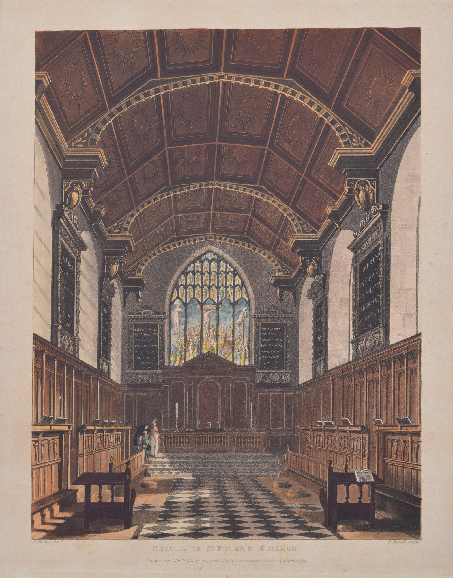 Rudolph Ackermann Interior Print - Peterhouse, Cambridge 'Chapel of St Peter's College' engraving by Havell