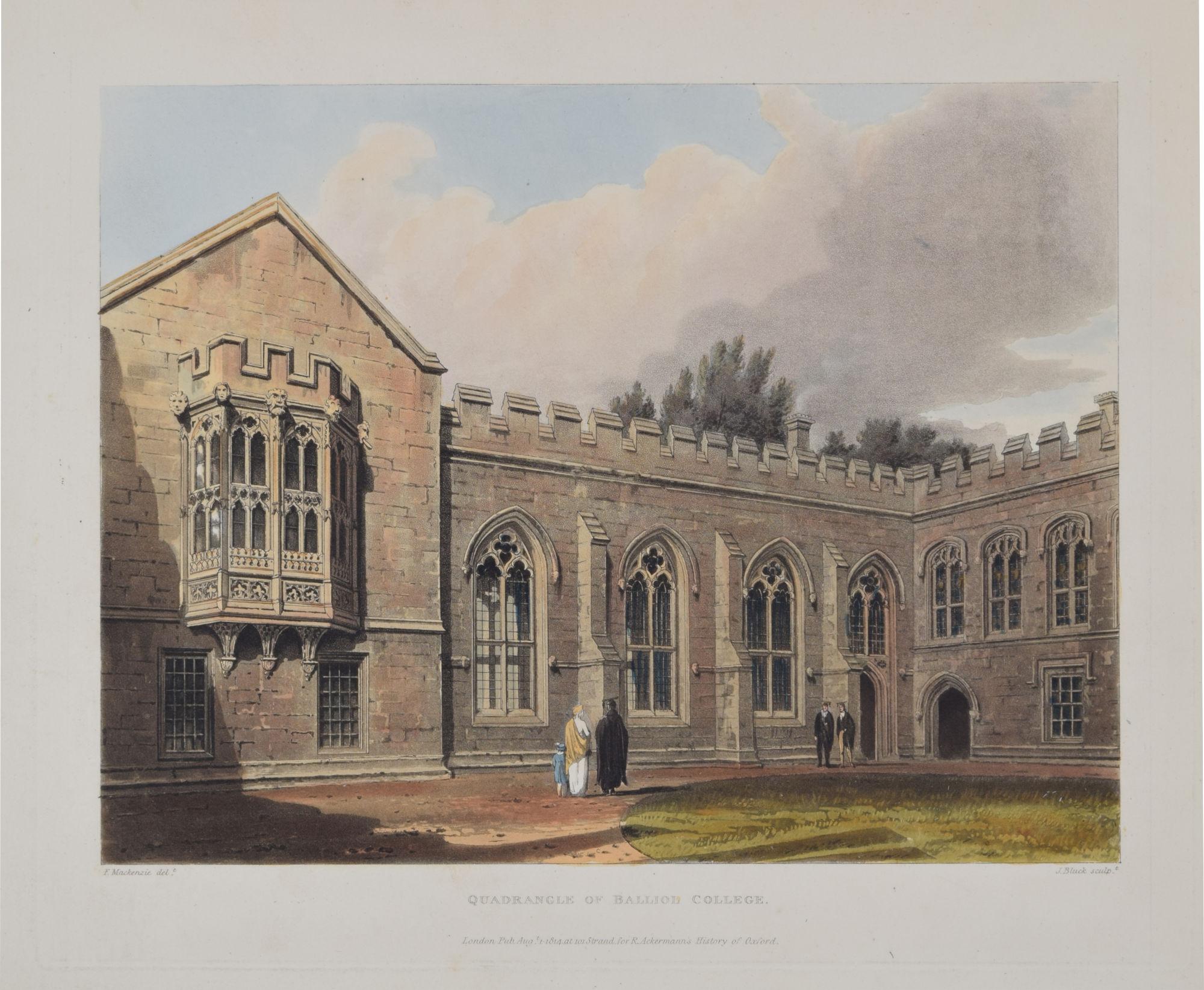 Quadrangle of Balliol College, Oxford engraving by John Bluck for Ackermann - Print by Rudolph Ackermann