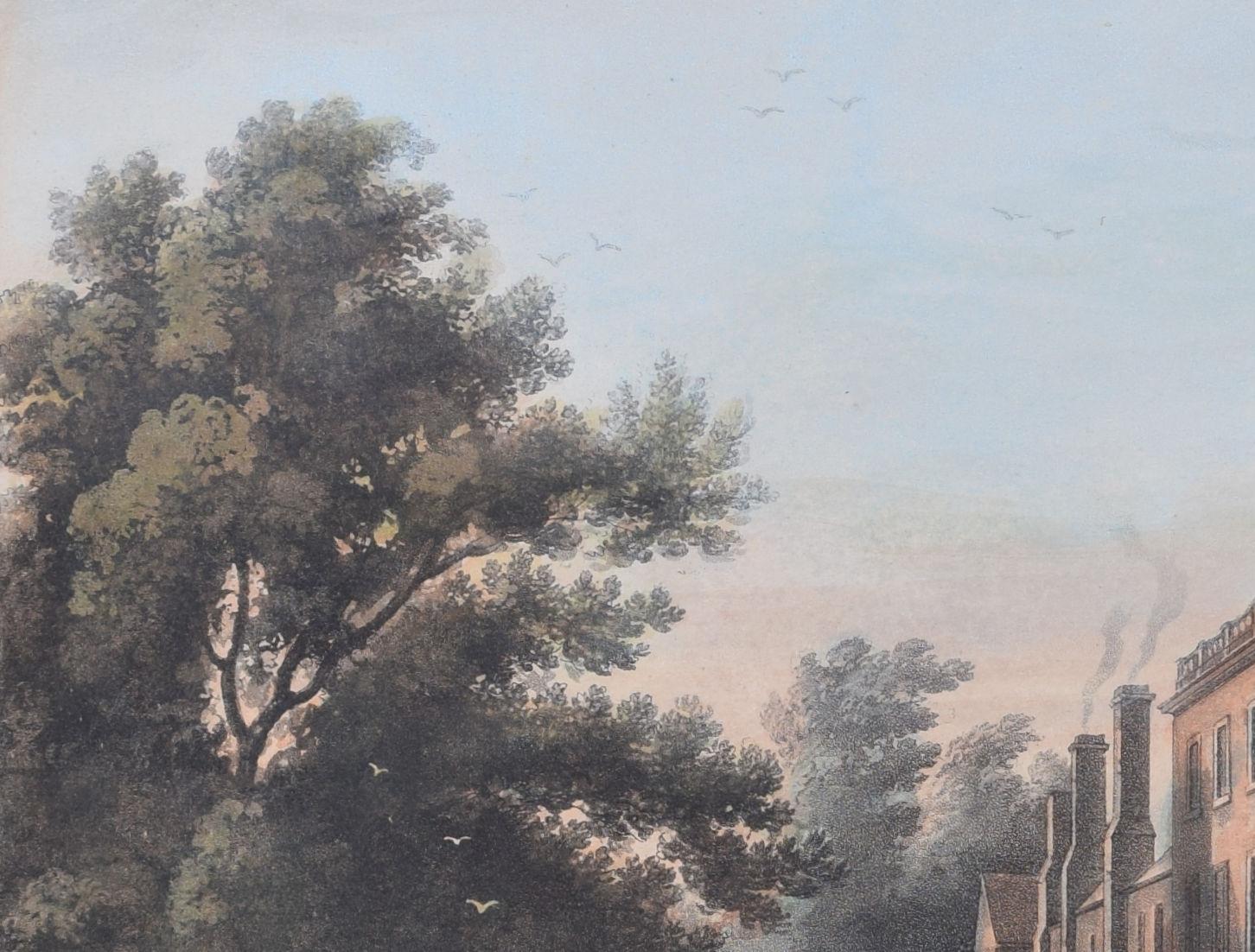 Queens' College, Cambridge bridge engraving by Stadler after Westall - Realist Print by Rudolph Ackermann