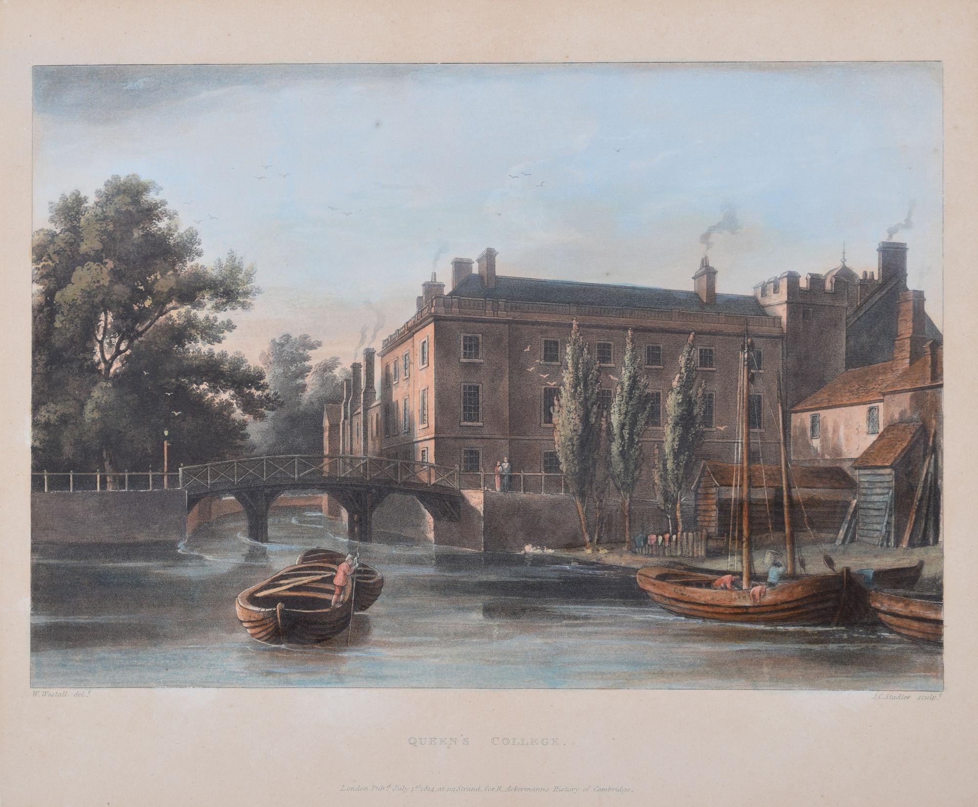 Queens' College, Cambridge bridge engraving by Stadler after Westall - Print by Rudolph Ackermann