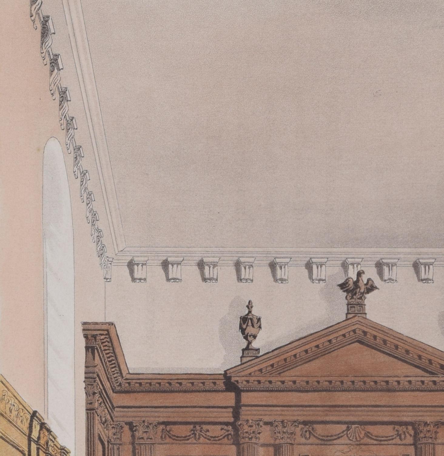 Queens' College, Cambridge hall engraving by Bluck after Pugin for Ackermann - Print by Rudolph Ackermann