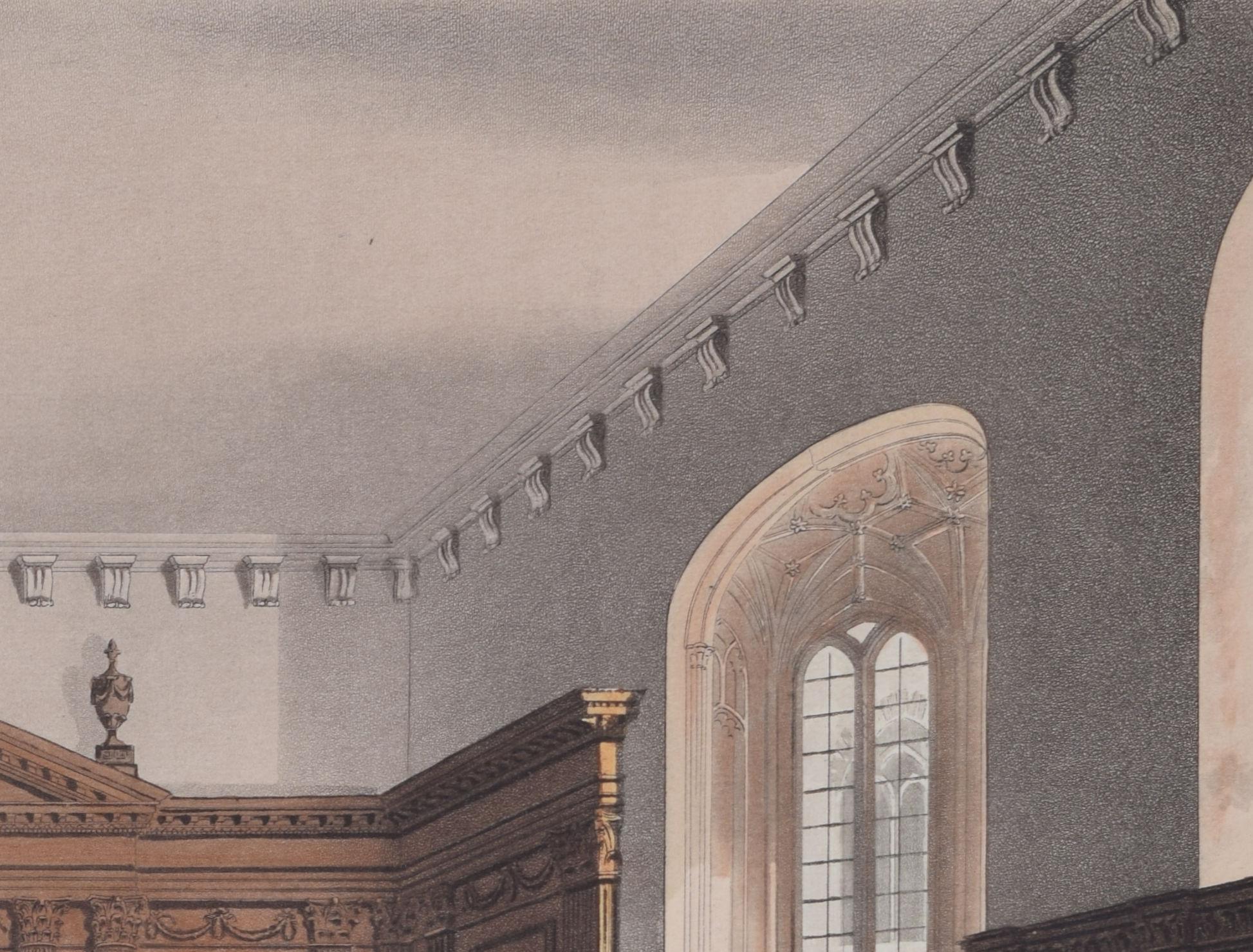 Queens' College, Cambridge hall engraving by Bluck after Pugin for Ackermann - Gray Interior Print by Rudolph Ackermann