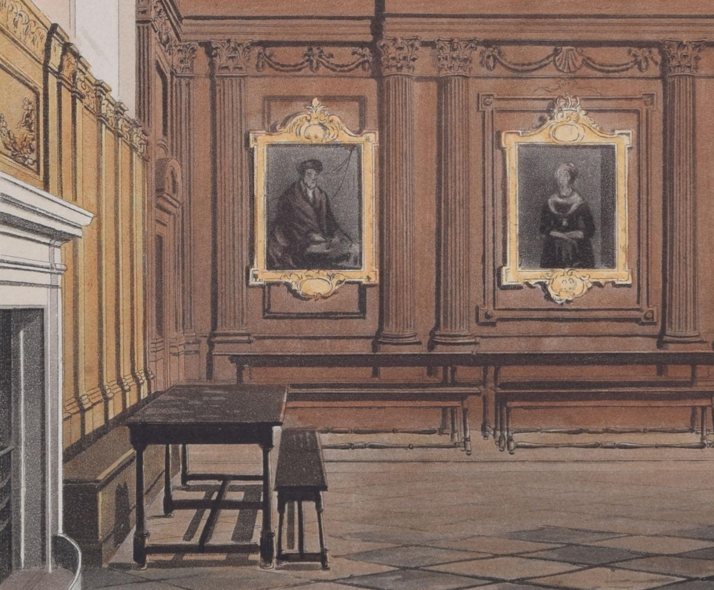 Queens' College, Cambridge hall engraving by Bluck after Pugin for Ackermann For Sale 1