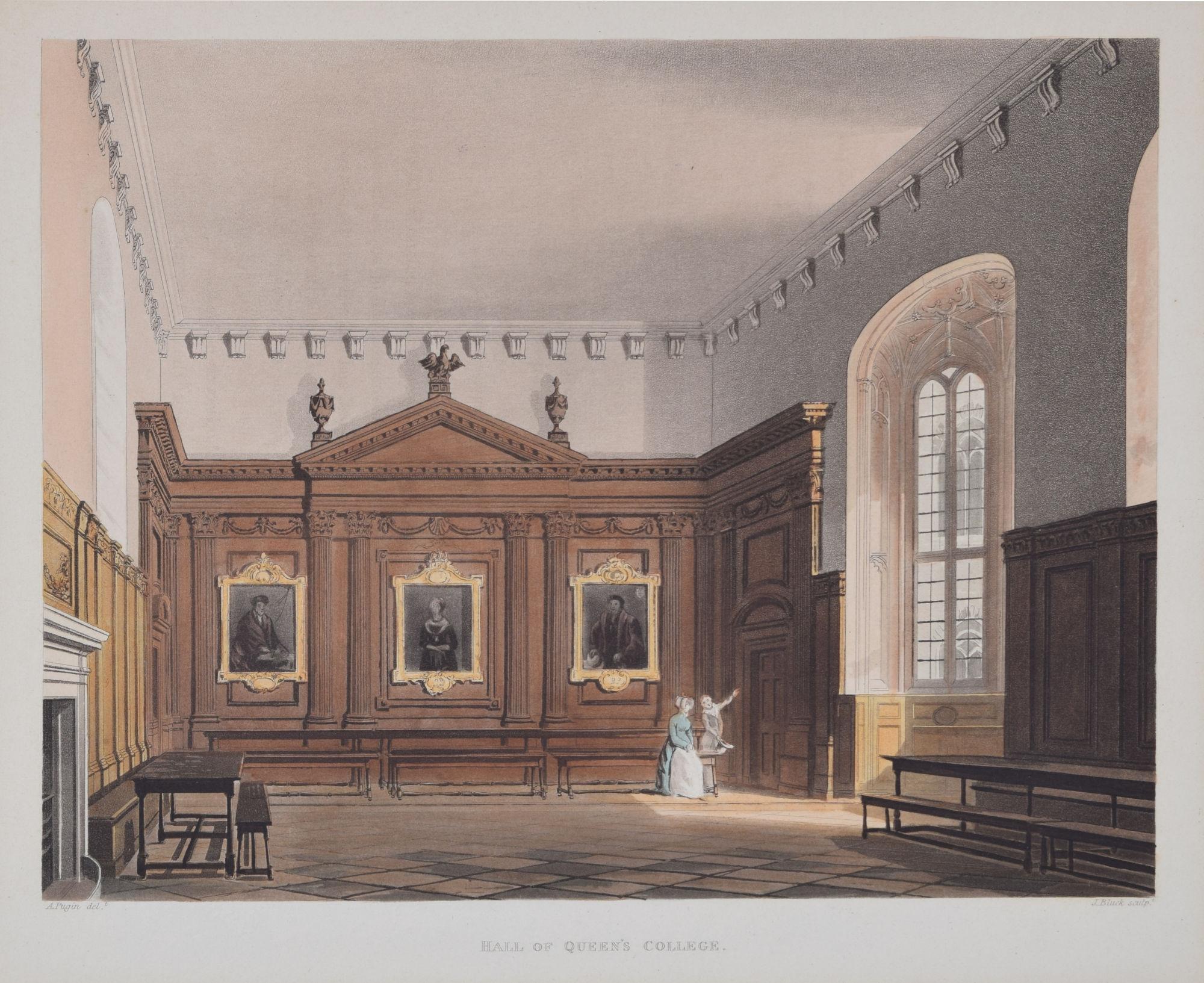Rudolph Ackermann Interior Print - Queens' College, Cambridge hall engraving by Bluck after Pugin for Ackermann