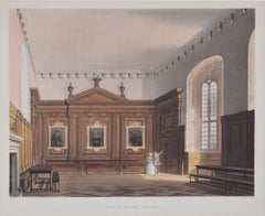 Antique Queens' College, Cambridge hall engraving by Bluck after Pugin for Ackermann