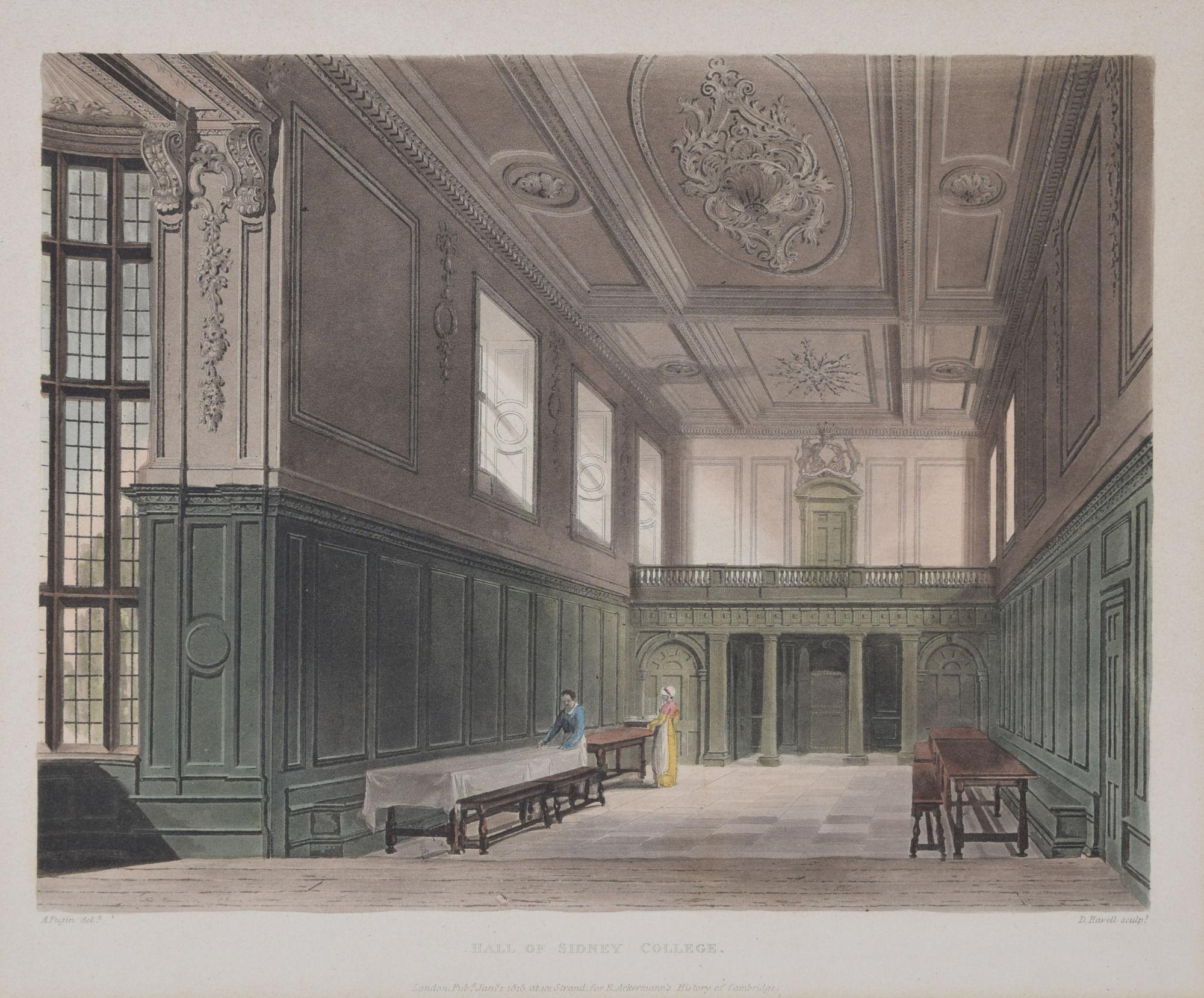 Rudolph Ackermann Interior Print - Sidney Sussex College, Cambridge engraving by Havell after Pugin for Ackermann