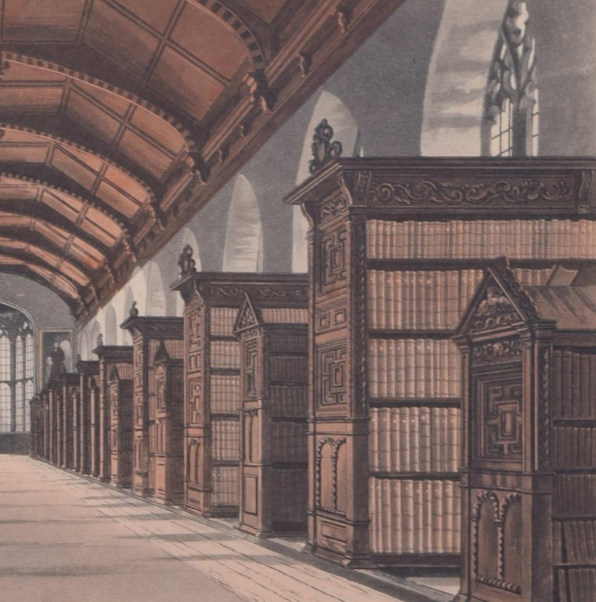 St John's College, Cambridge Library engraving by the Havells for Ackermann - Realist Print by Rudolph Ackermann