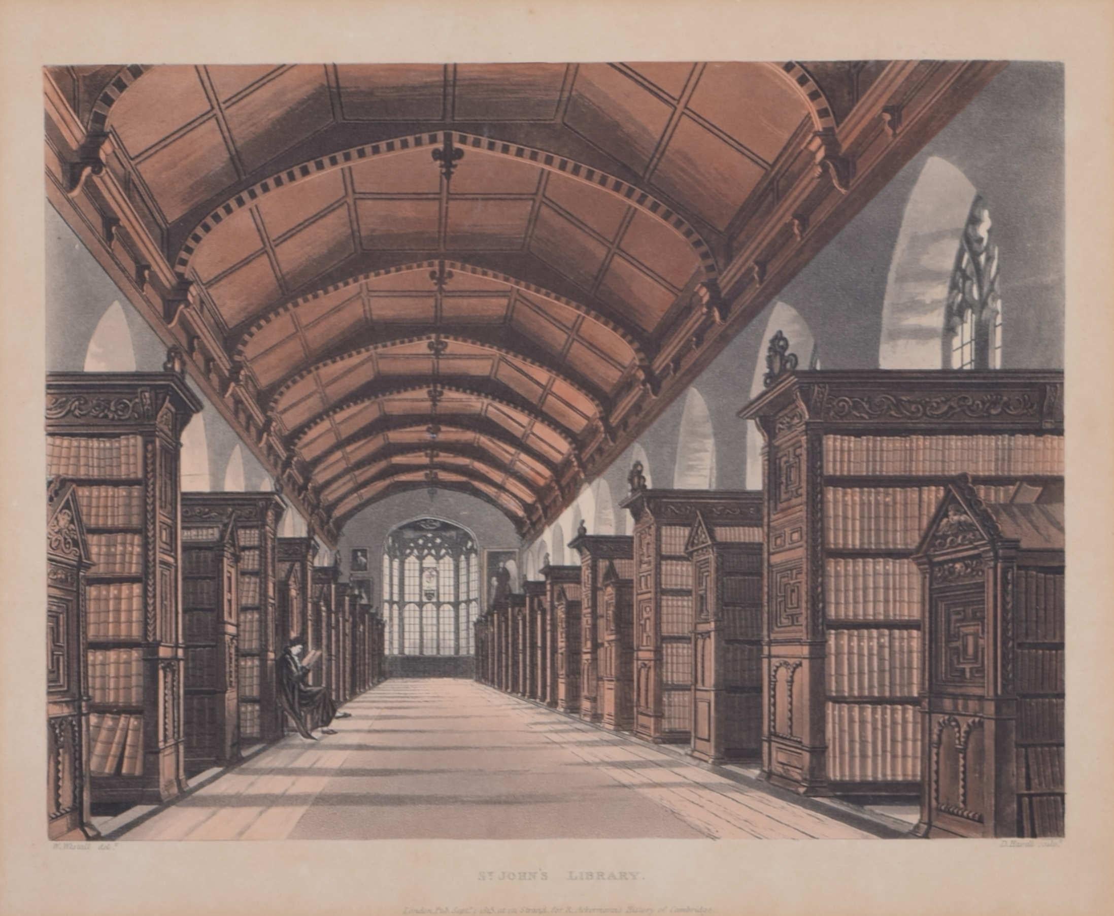 St John's College, Cambridge Library engraving by the Havells for Ackermann - Print by Rudolph Ackermann
