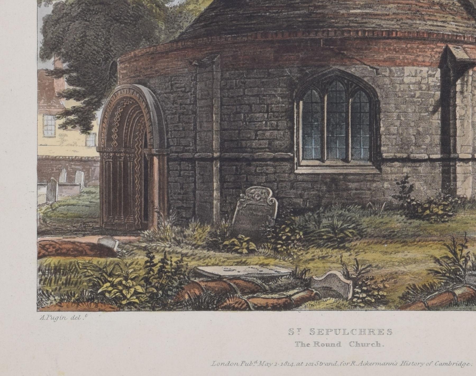 St. Sepulchre, Die runde Kirche, Cambridge, Außenansicht nach Pugin für Ackermann im Angebot 3