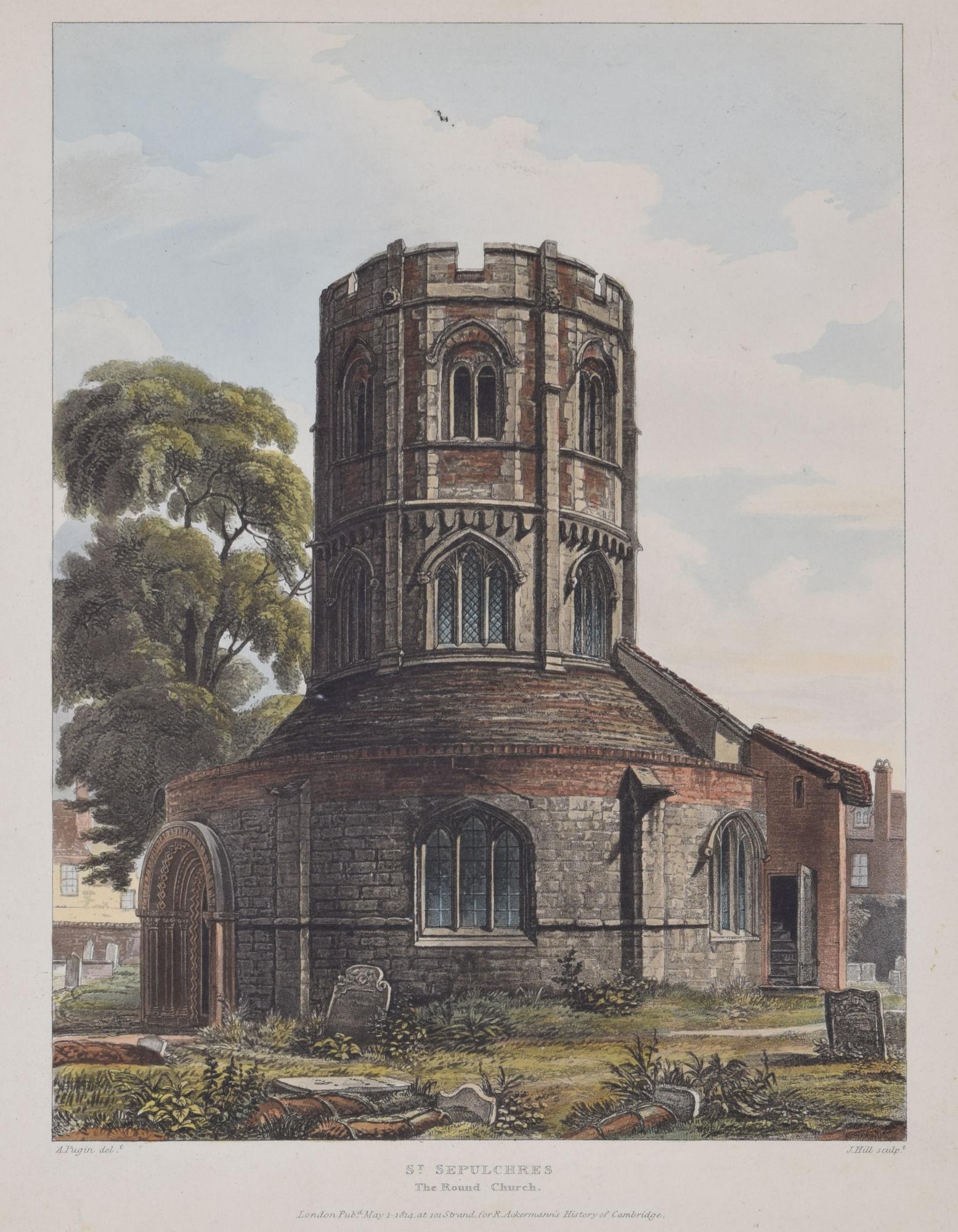 St. Sepulchre, Die runde Kirche, Cambridge, Außenansicht nach Pugin für Ackermann – Print von Rudolph Ackermann