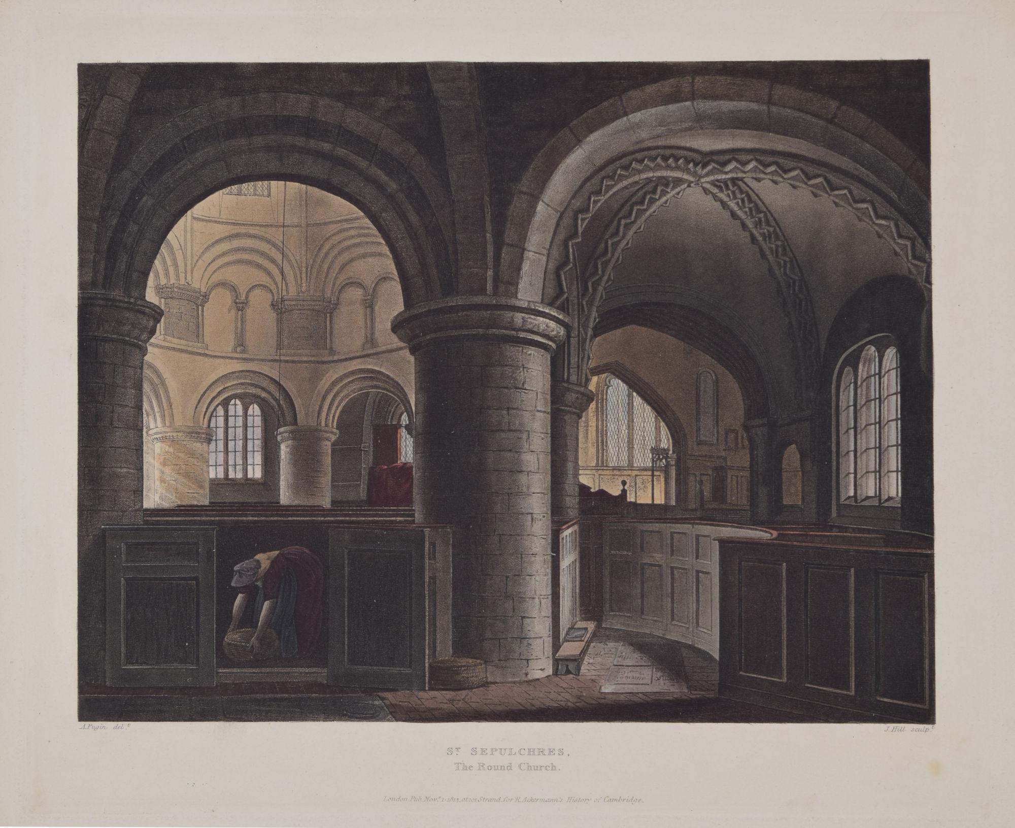 St. Sepulchre, Die runde Kirche, Cambridge, Inneneinrichtung nach Pugin für Ackermann – Print von Rudolph Ackermann
