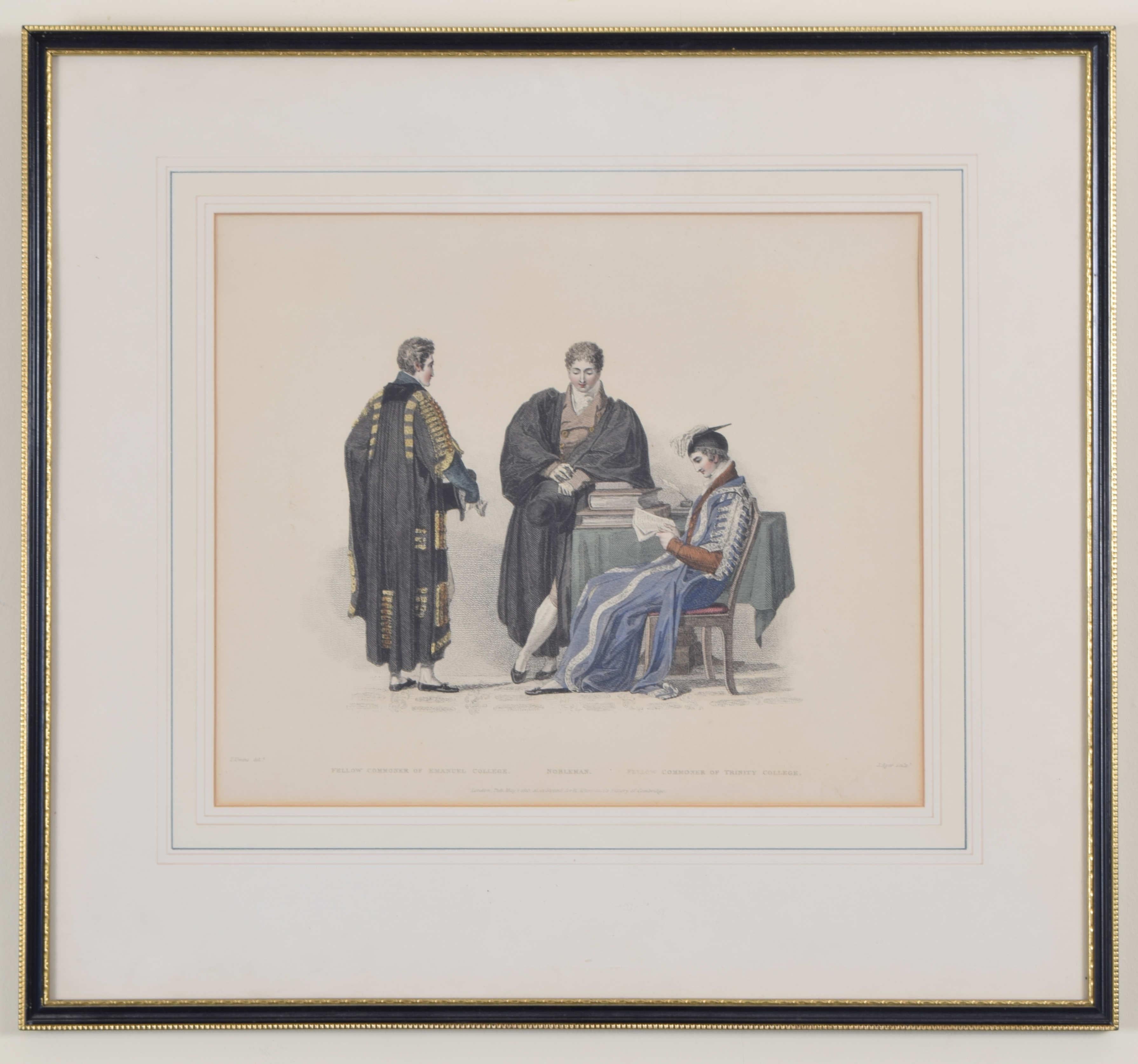 Students of Emmanuel and Trinity Colleges, Cambridge 1815 engraving by John Agar - Realist Print by Rudolph Ackermann