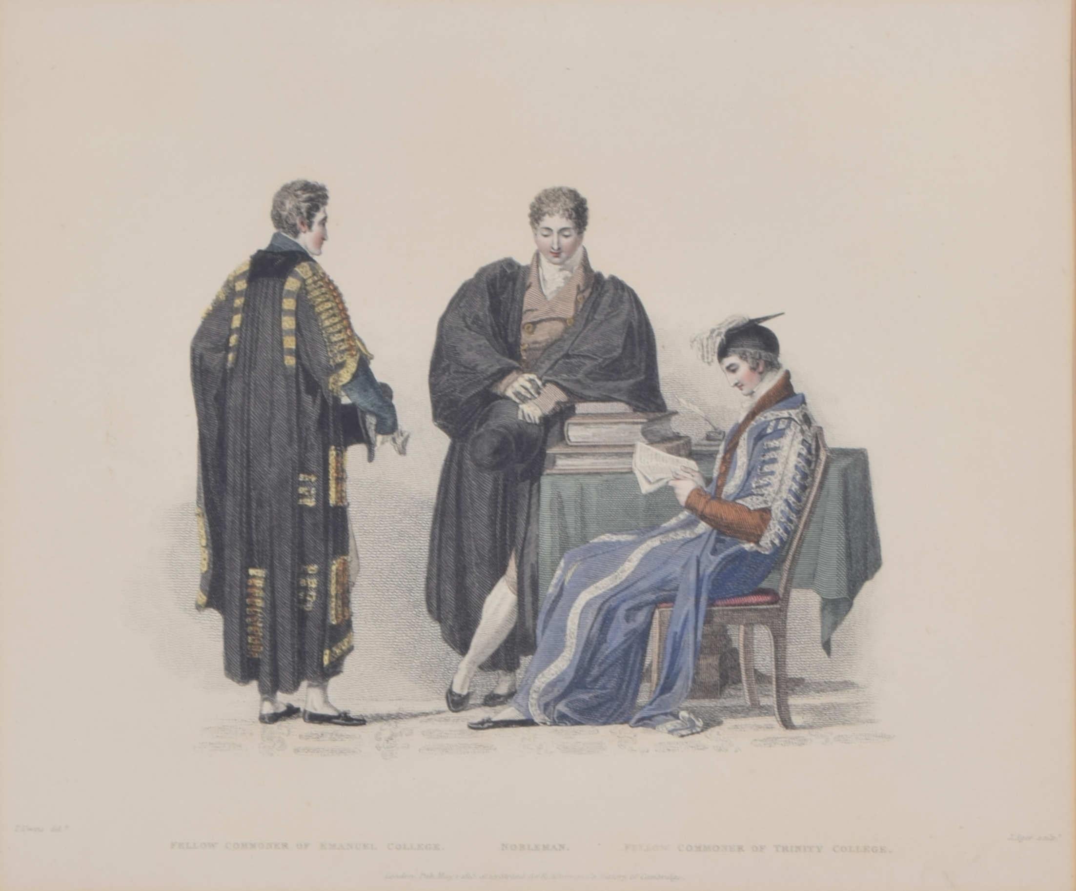 Students of Emmanuel and Trinity Colleges, Cambridge 1815 engraving by John Agar - Print by Rudolph Ackermann