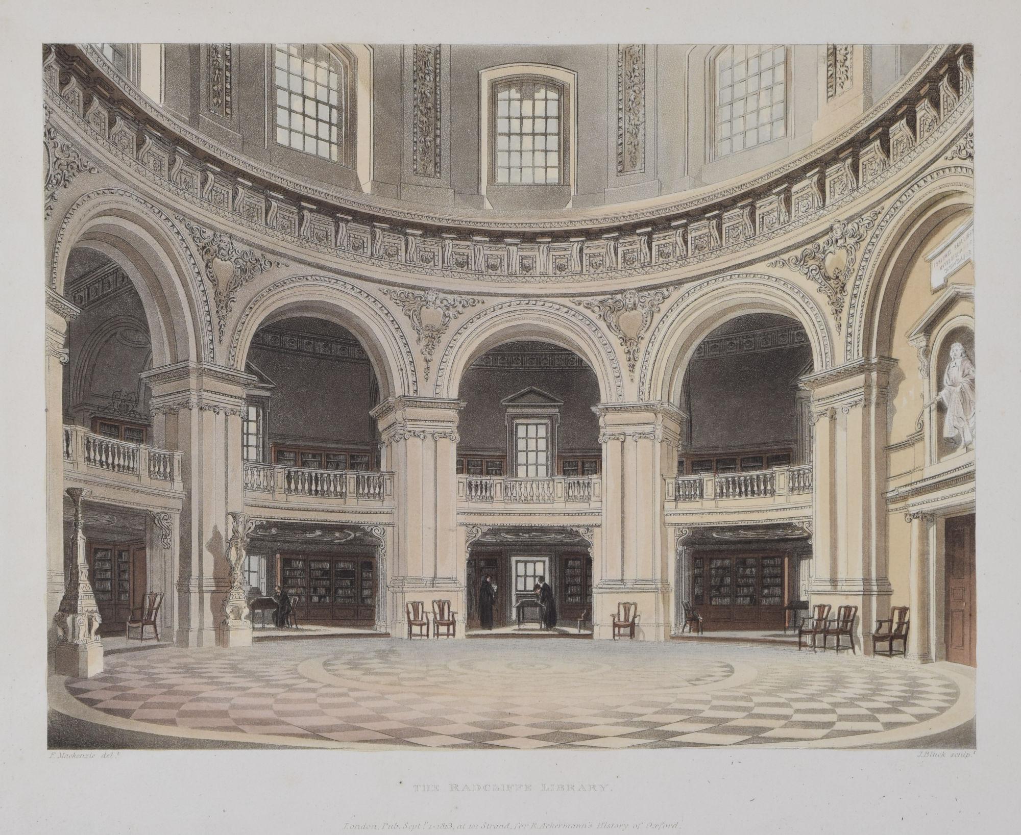 The Radcliffe Camera library Oxford engraving by John Bluck for Ackermann - Print by Rudolph Ackermann