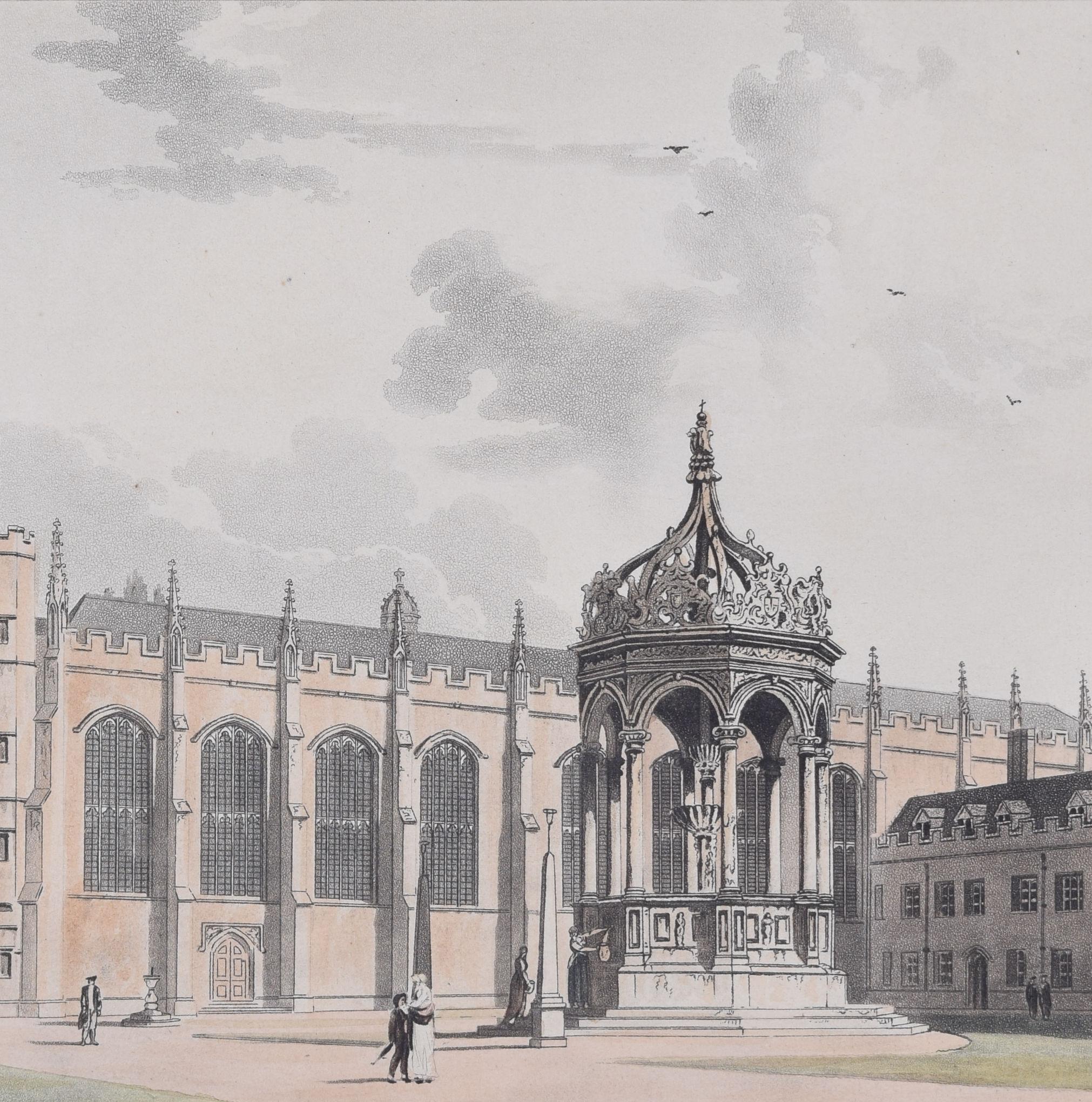 Trinity College, Cambridge Great Court engraving by Bluck for Ackermann - Realist Print by Rudolph Ackermann