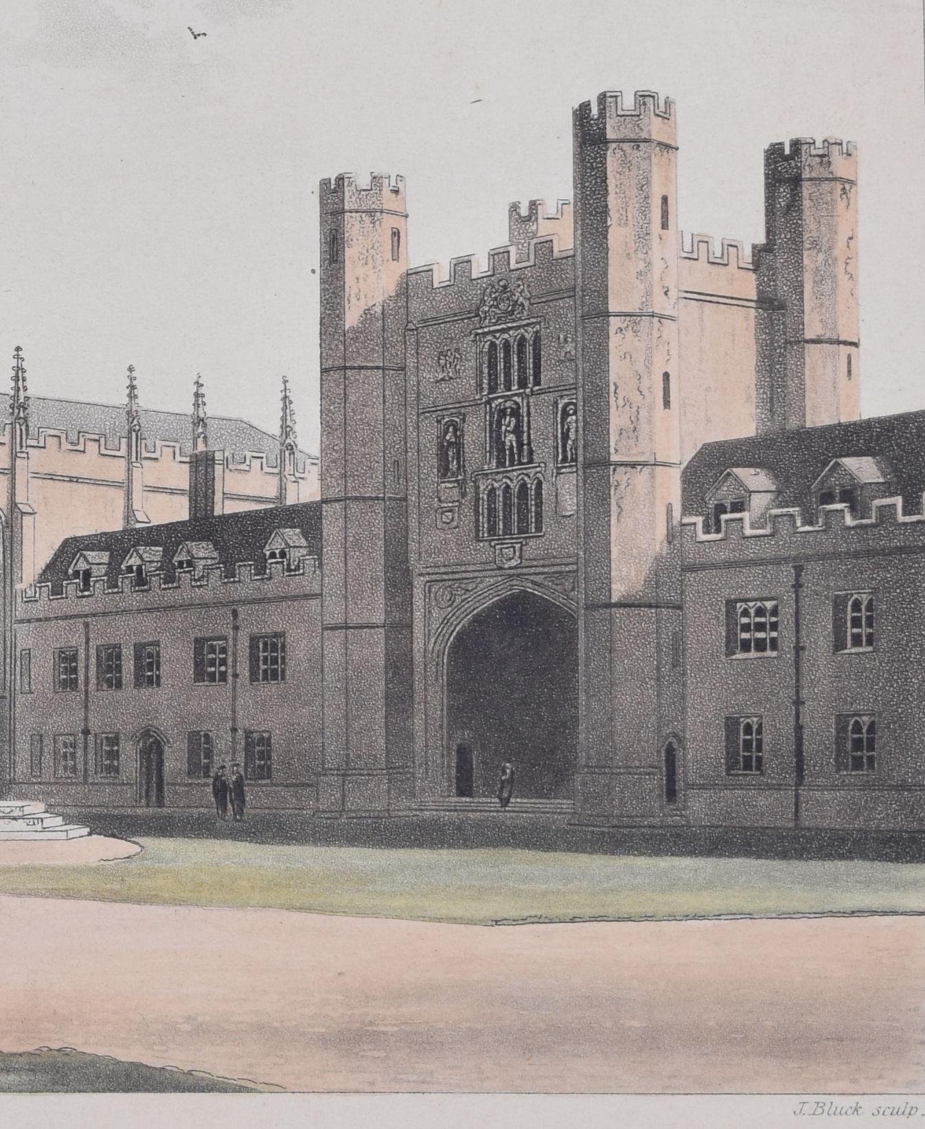 Trinity College, Cambridge Great Court engraving by Bluck for Ackermann For Sale 1