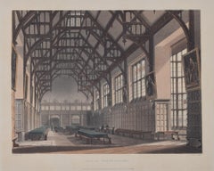 Antique Trinity College, Cambridge Hall engraving by Bluck after Pugin for Ackermann