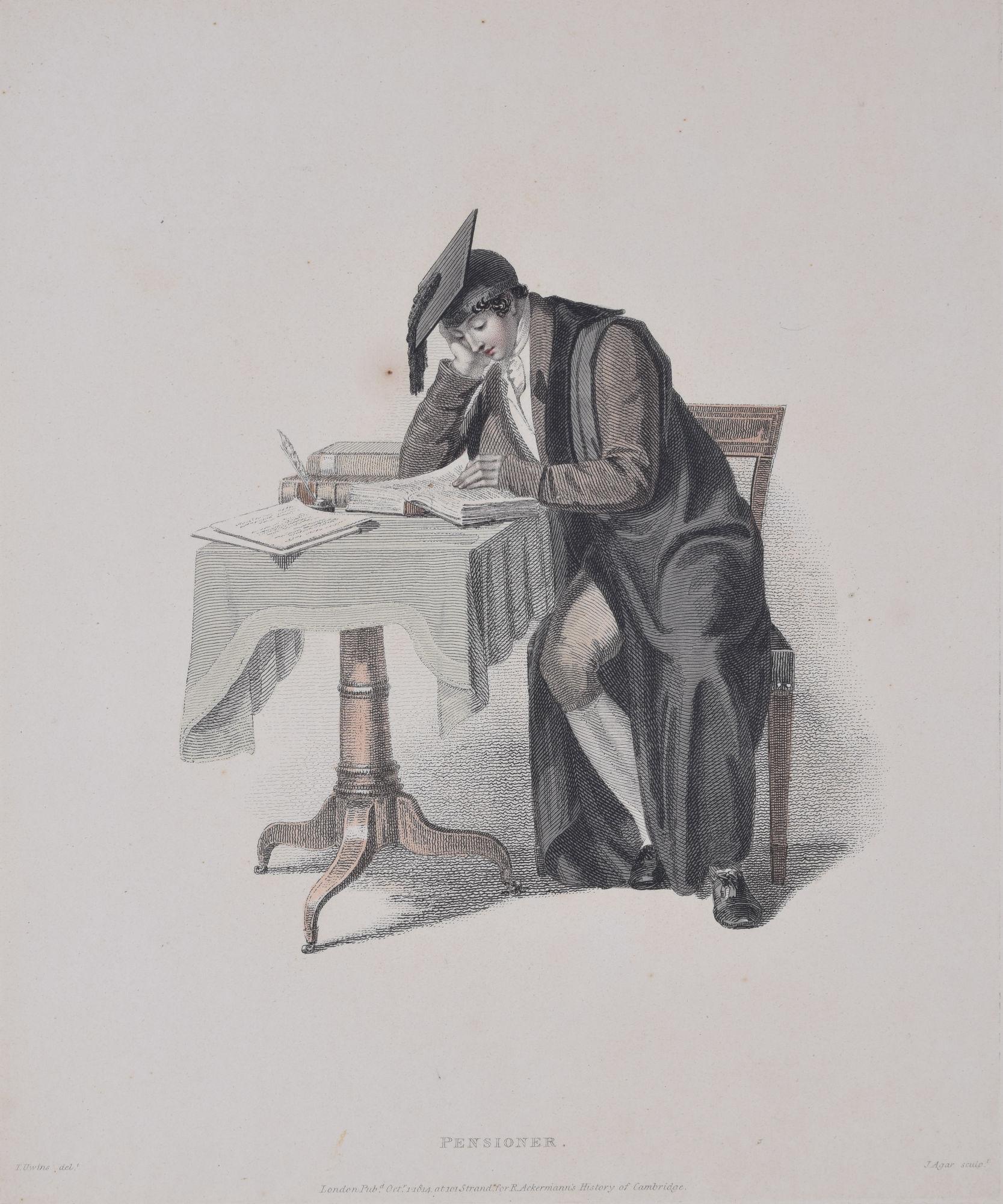 University of Cambridge student Pensioner engraving by John Agar - Print by Rudolph Ackermann