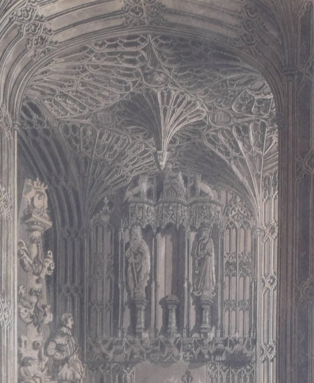Westminster Abbey South Aisle engraving by J Black for Ackermann - Realist Print by Rudolph Ackermann