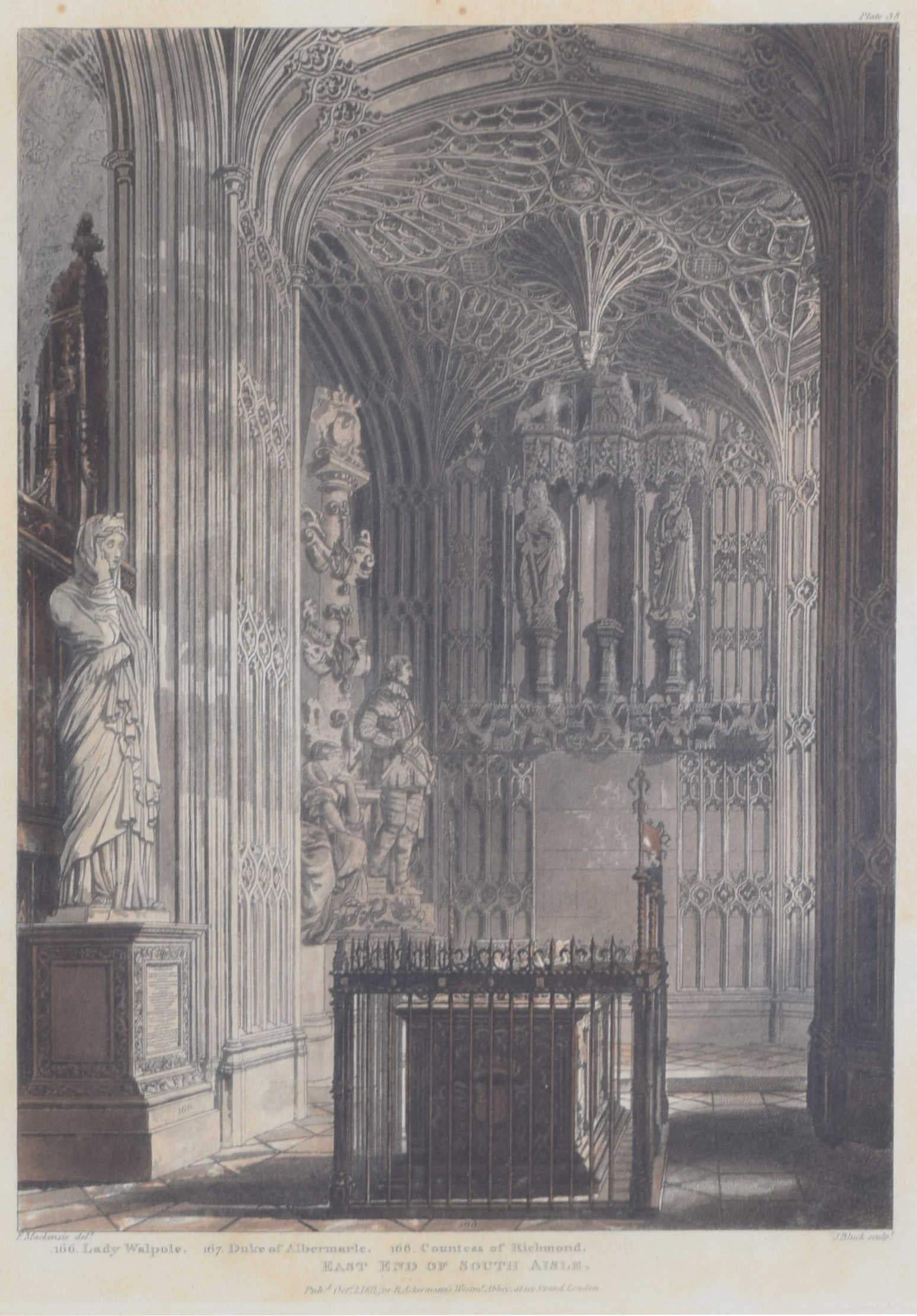 Westminster Abbey South Aisle engraving by J Black for Ackermann - Print by Rudolph Ackermann