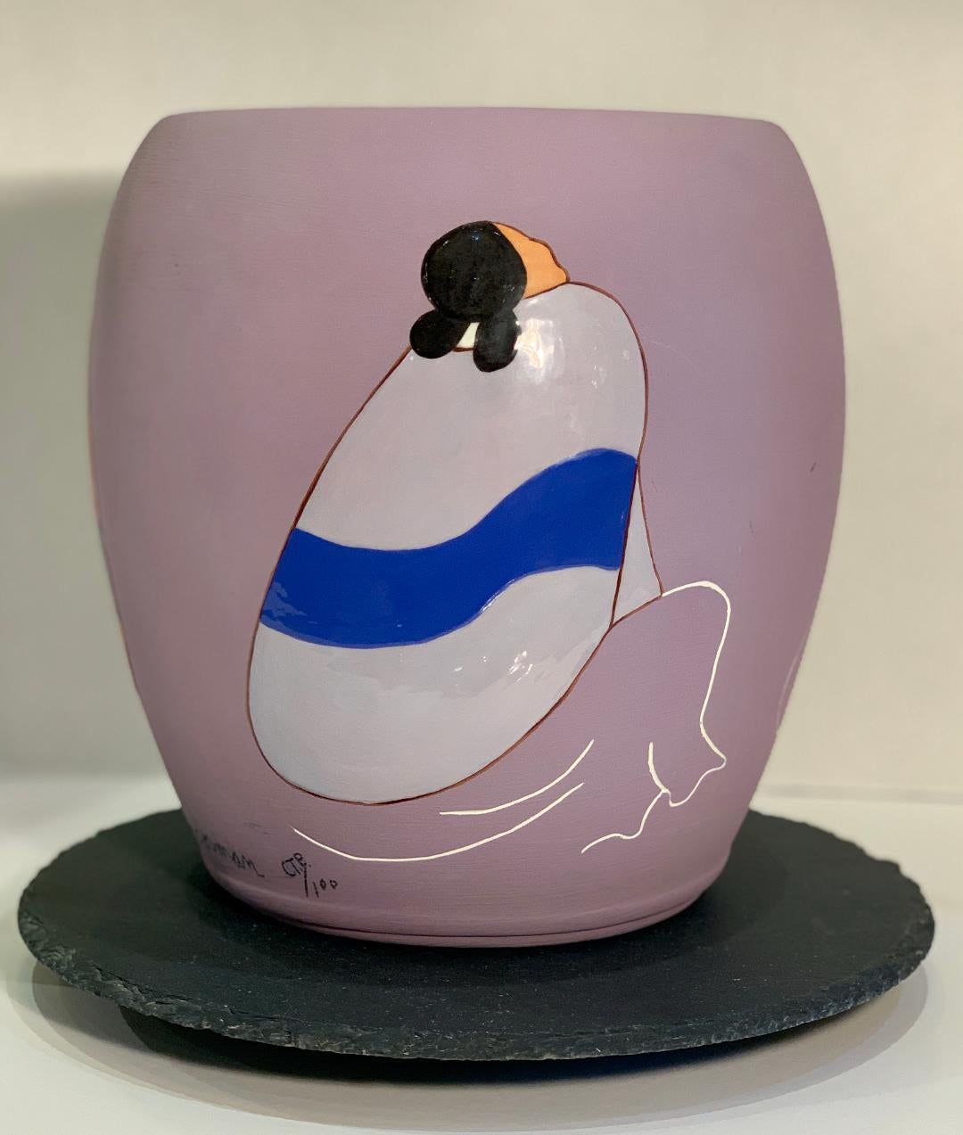 Original, rare, limited edition of only 100 in the world, handmade and hand painted bulbous ceramic vase with matte lilac exterior, features three seated Navajo women in vibrant polychrome glazed finish. The inside of the vase is dark purple glaze