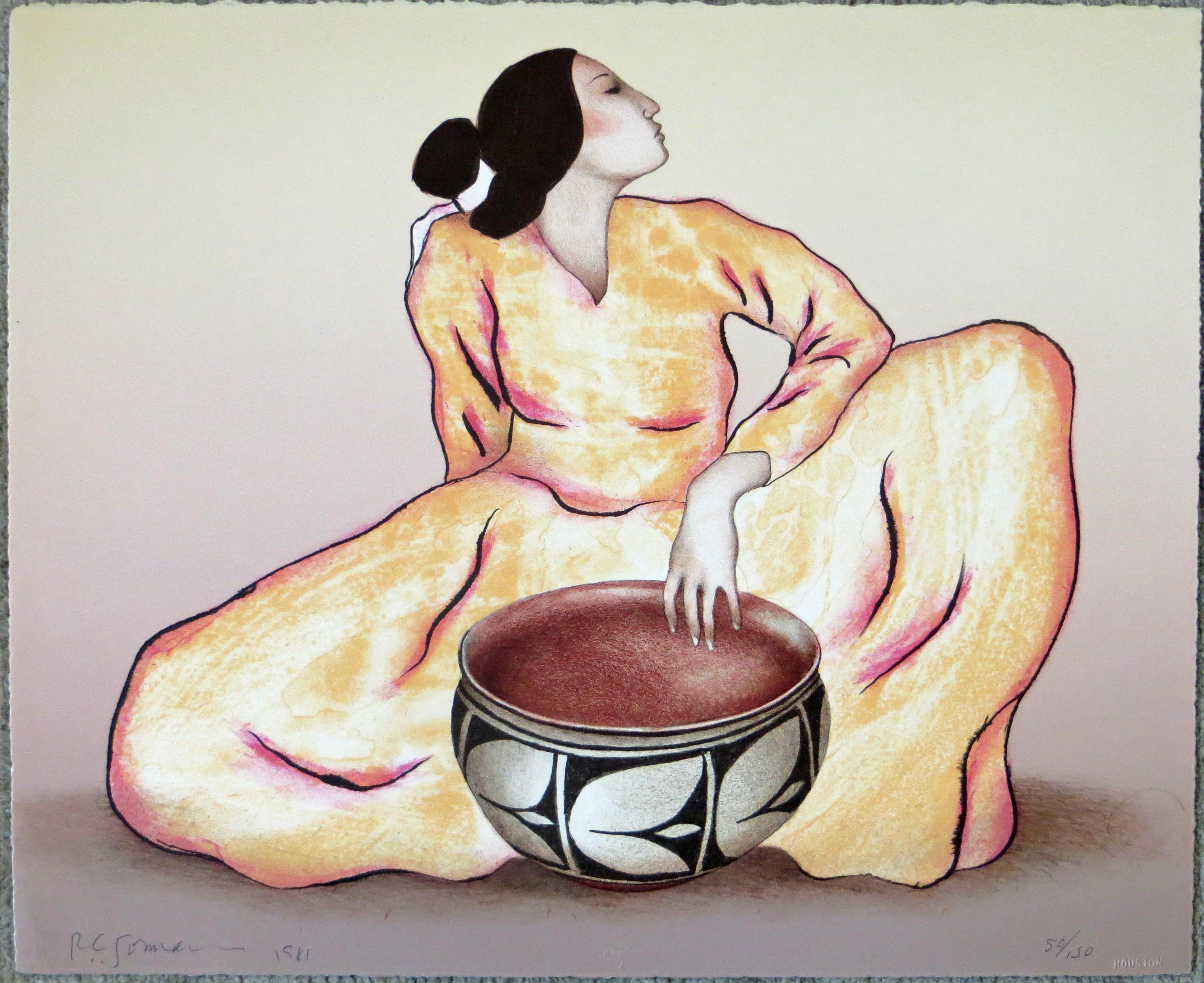 Rudolph Carl Gorman Figurative Print - Woman With Tulip Bowl
