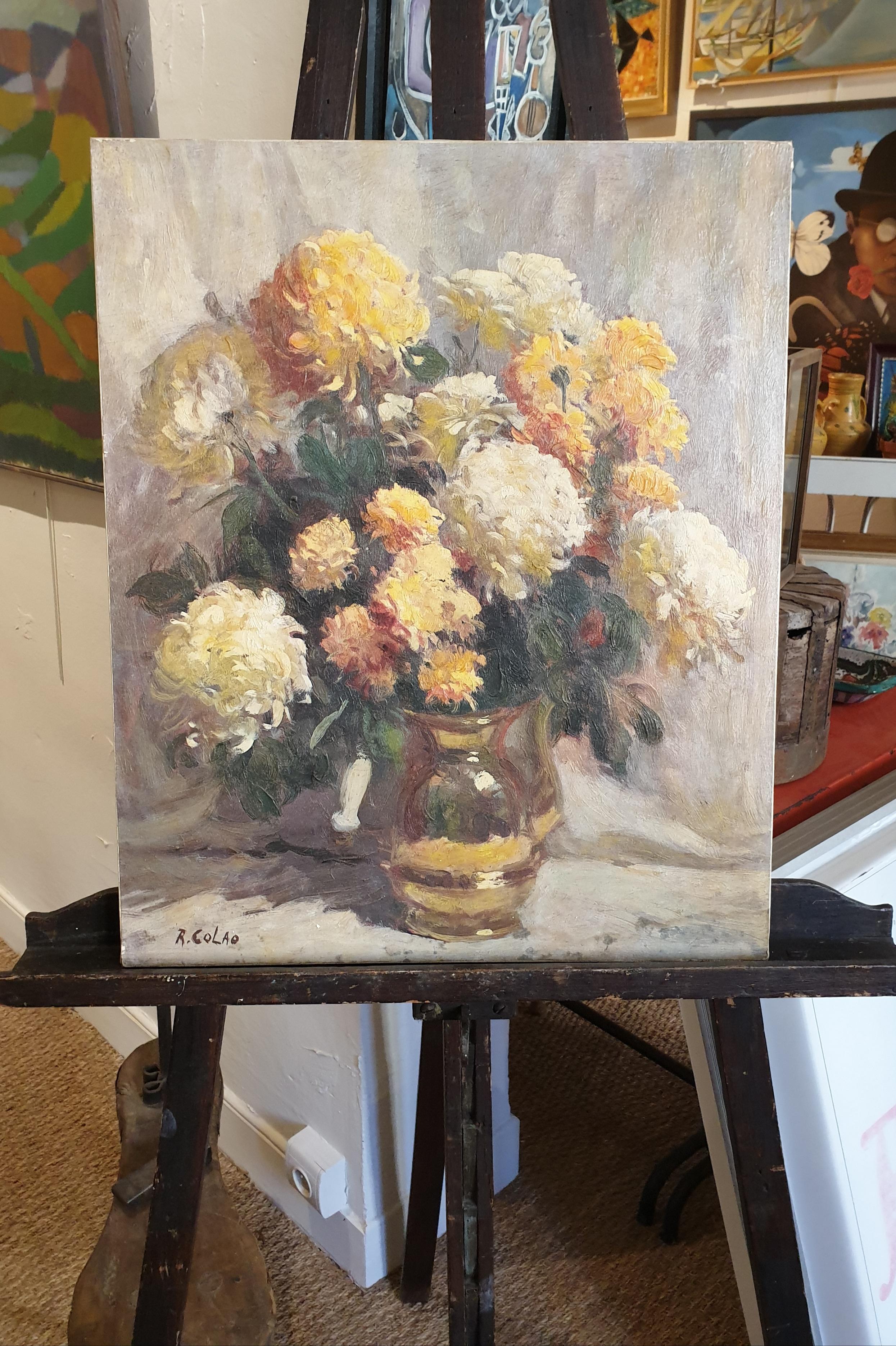 Mid-Century Still Life Oil on Canvas of Chrysanthemums in Copper Vase. - Painting by Rudolph Colao