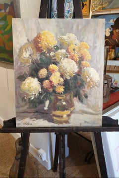 Mid-Century Still Life Oil on Canvas of Chrysanthemums in Copper Vase.