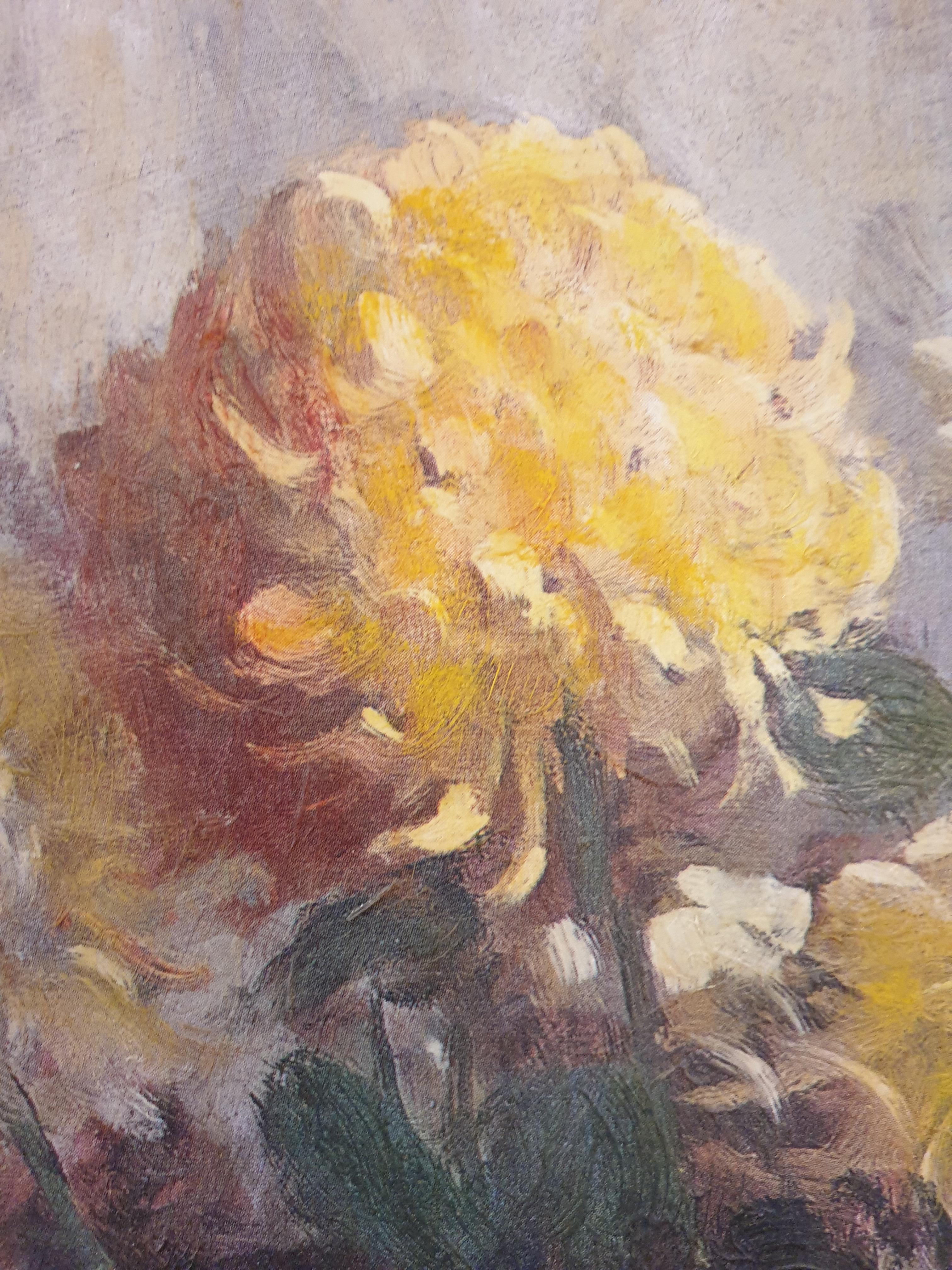 Mid-Century-Stillleben, Öl auf Leinwand, Chrysanthemen in Kupfervase. (Impressionismus), Painting, von Rudolph Colao