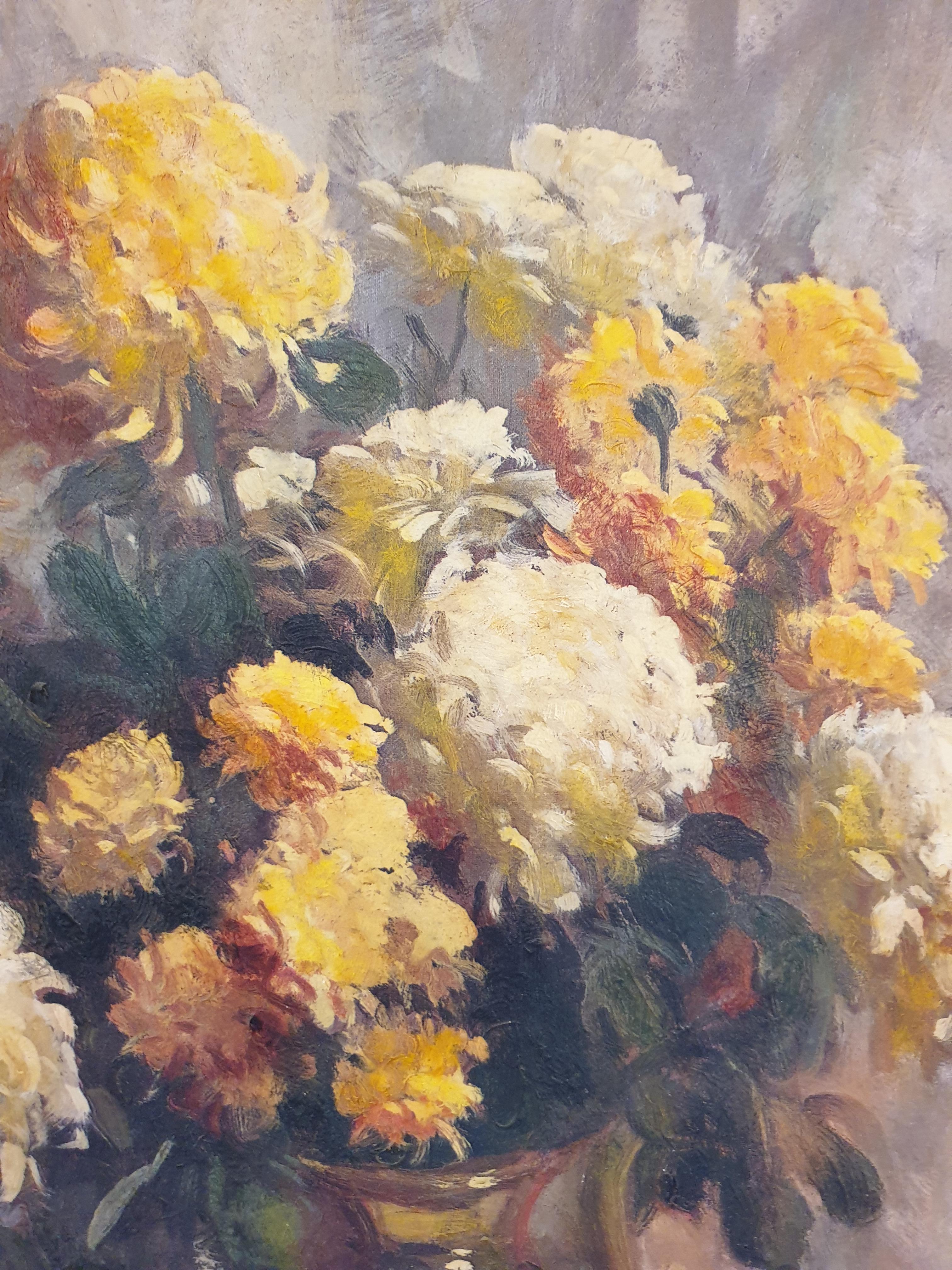 Mid-Century still life of chrysanthemums in copper vase, oil on canvas signed R Colao bottom left.

A wonderfully colourful and vibrant still life, beautifully painted in his characteristic slightly impressionistic style. A quality piece as it is a
