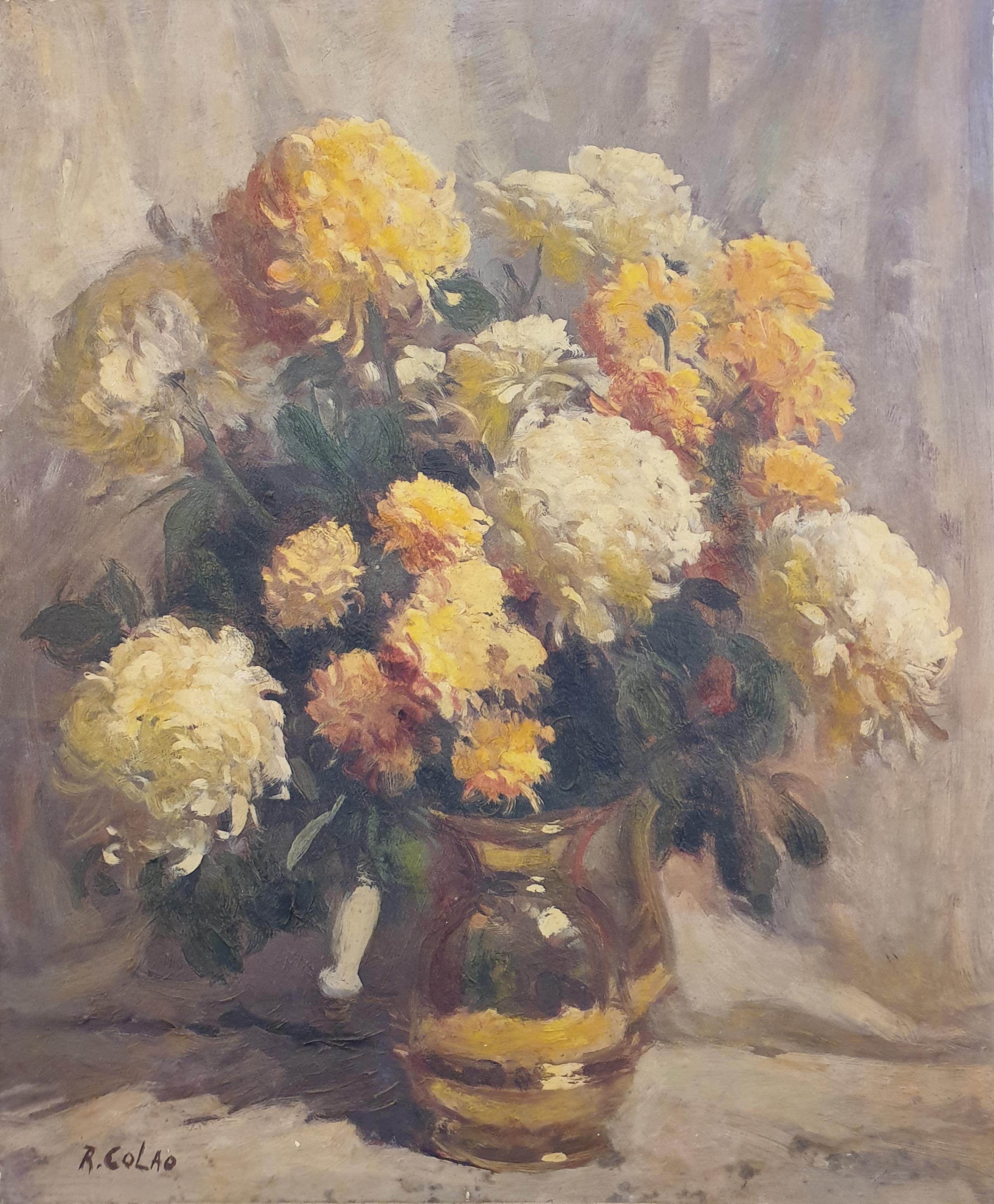 Rudolph Colao Still-Life Painting - Mid-Century Still Life Oil on Canvas of Chrysanthemums in Copper Vase.