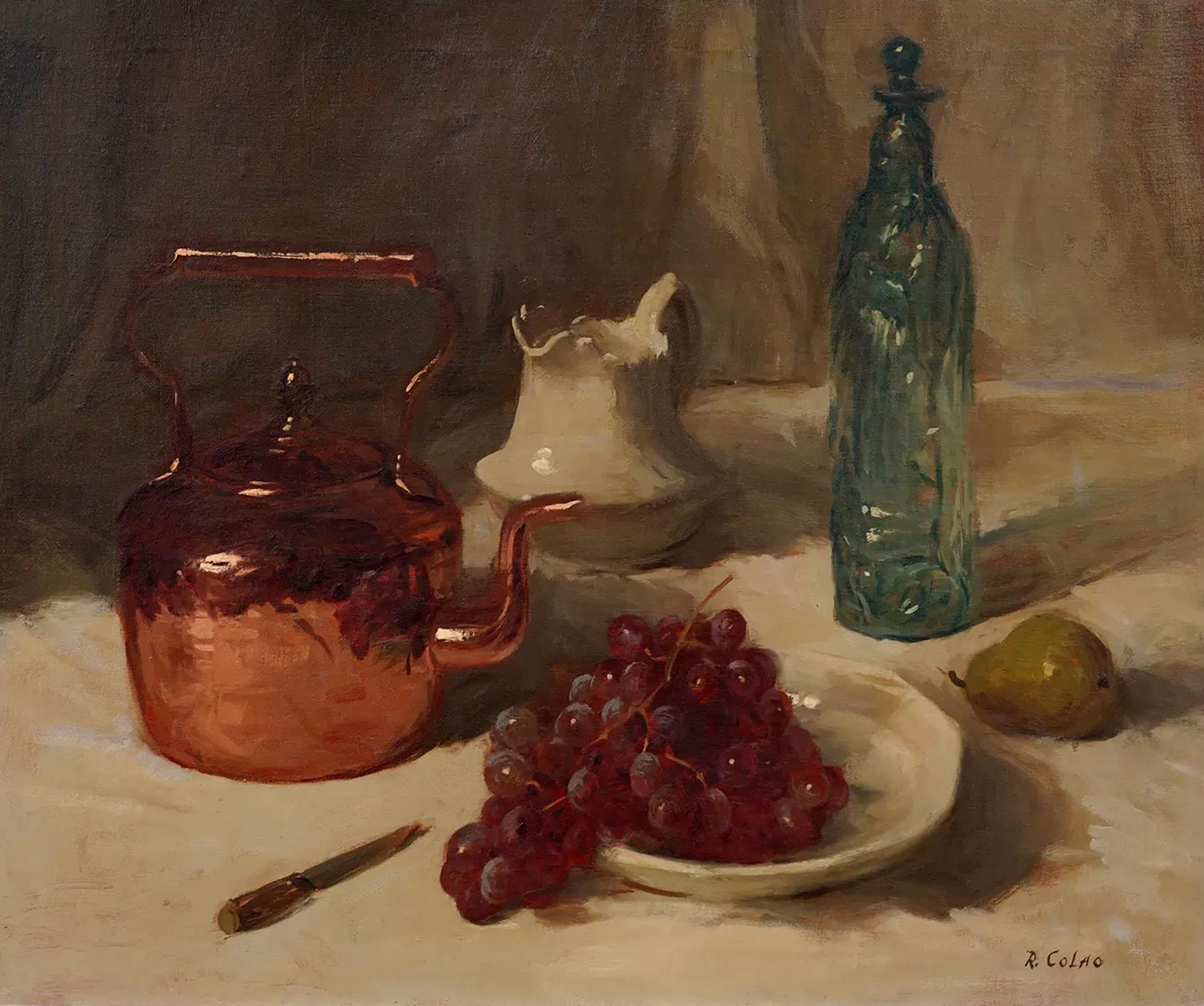 Antique American still life oil painting by Rudolph Colao (1927 - 2014). Oil on canvas. Signed. Framed. Measuring 30 by 35 inches overall and 24 by 28 painting alone.